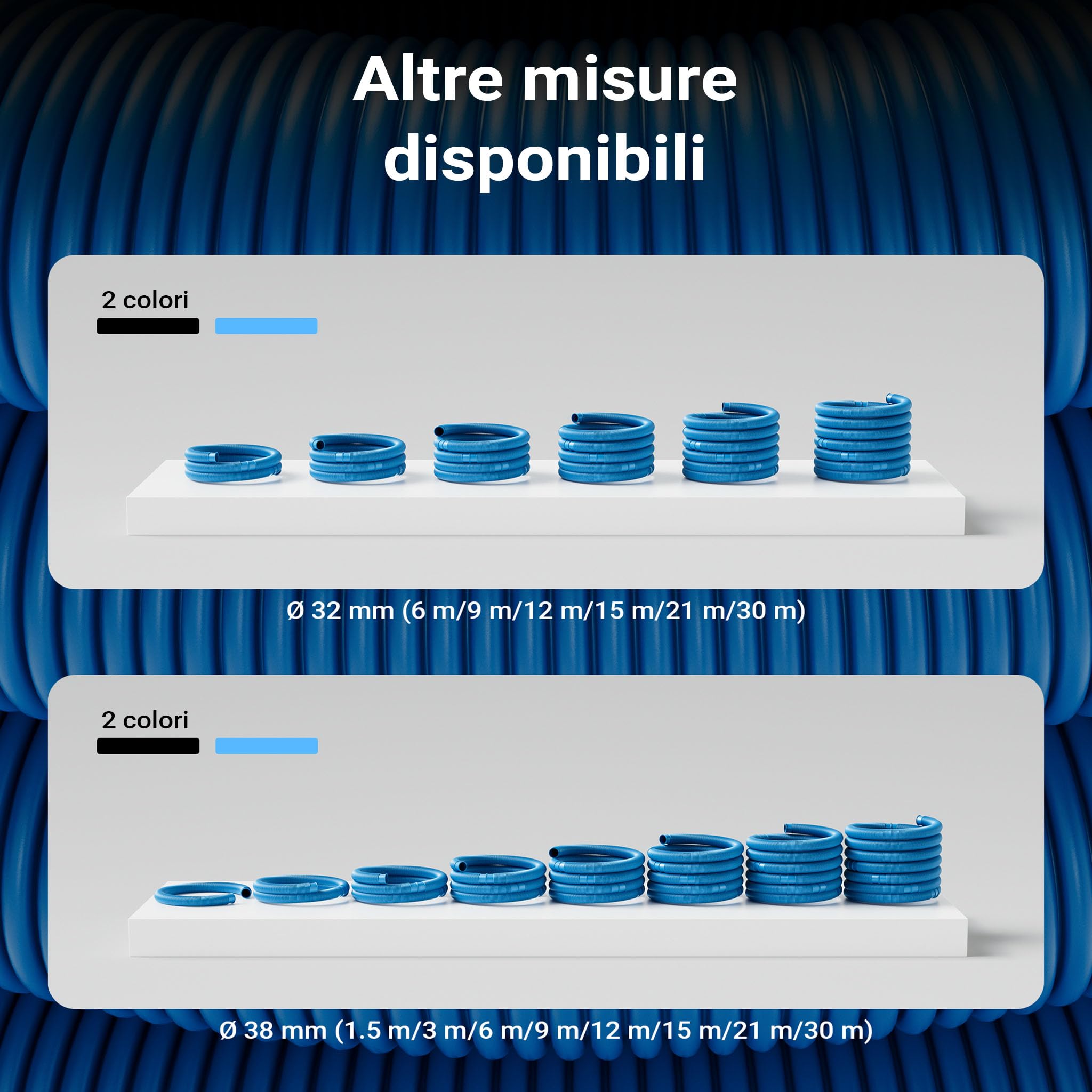 Wiltec Tubo per Piscina Blu, 30m Ø 38 mm, sezionabile Ogni 1,5 m, Galleggiante, in Resina 190 g/m Made in EU