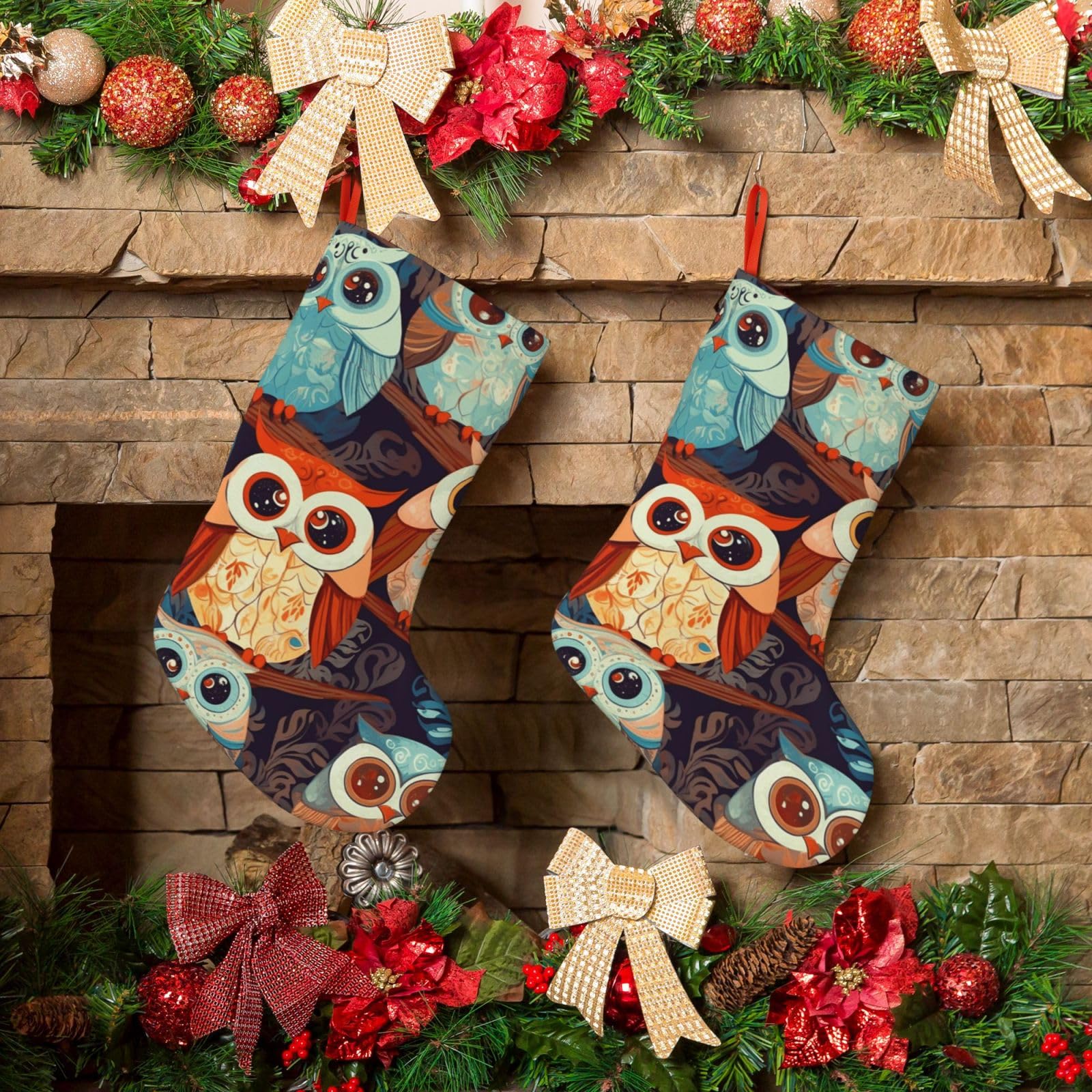 KLOPH Christmas Stockings 18" Personalized Xmas Stocking Anime Owl Decoration Stocking Hanging Fireplace Stocking for Holiday Xmas Tree Christmas Fireplace Decor