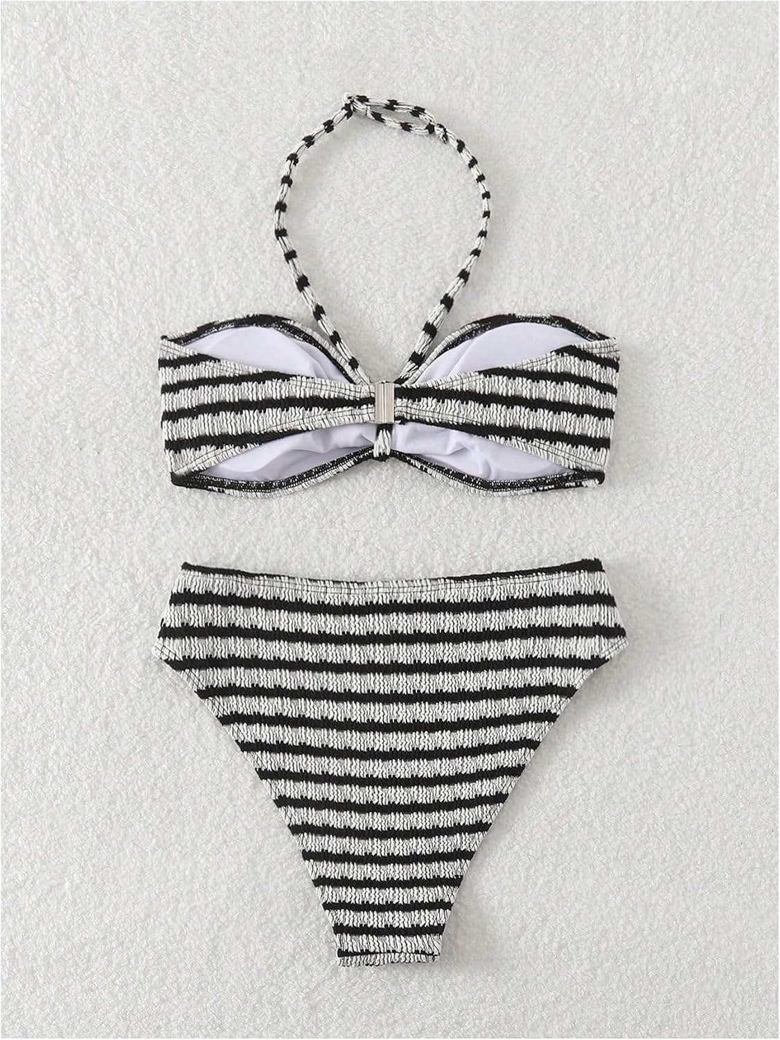 MakeMeChic Girl's Striped 2 Piece Bikini Set Halter Tie Backless Bathing Suit Swimsuit