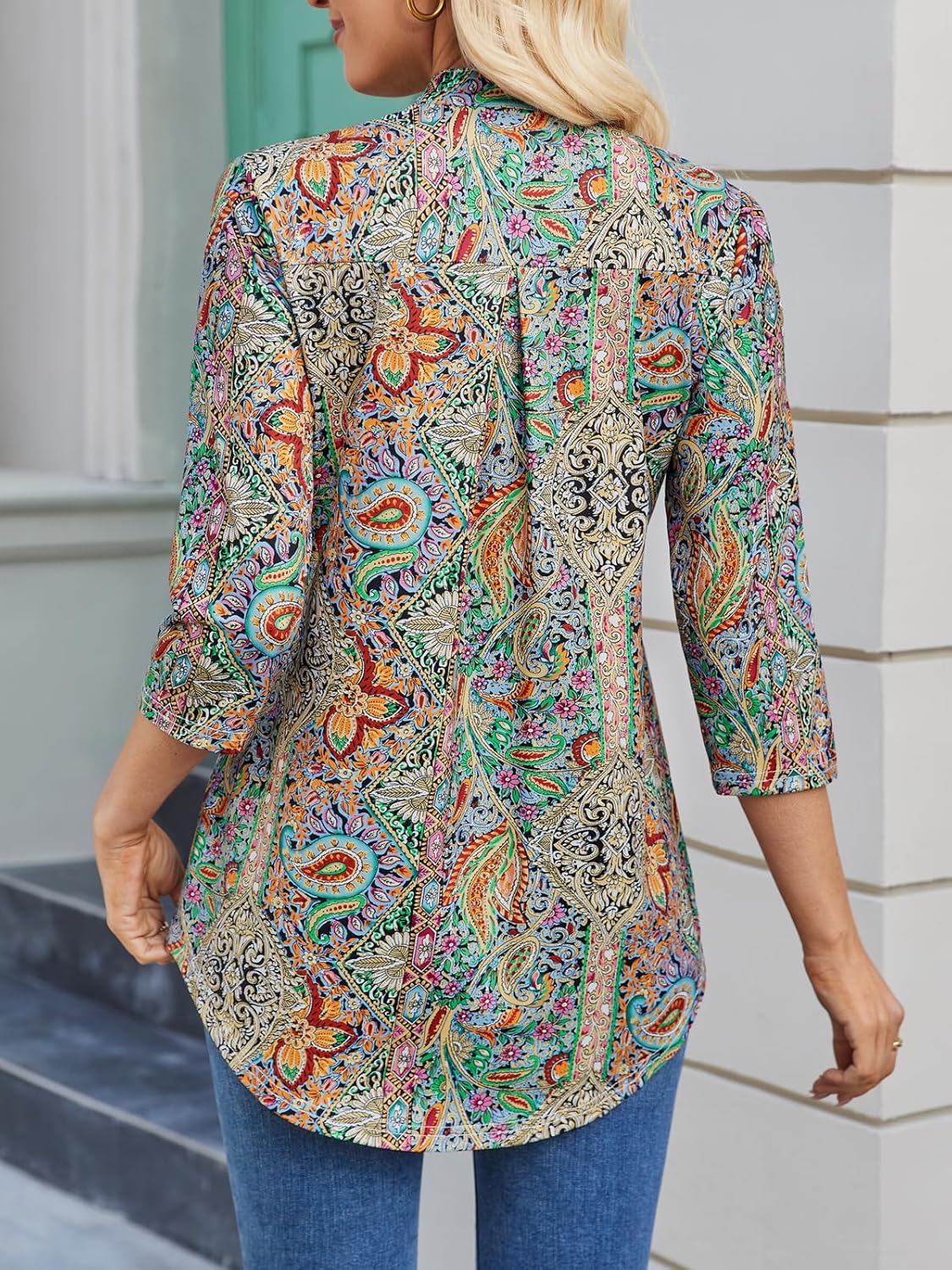 BAISHENGGT 3/4 Sleeve Tops for Women Notch V Neck Floral Work Blouses Dressy Casual Loose Fit Going Out Tunic Tops - Image 2