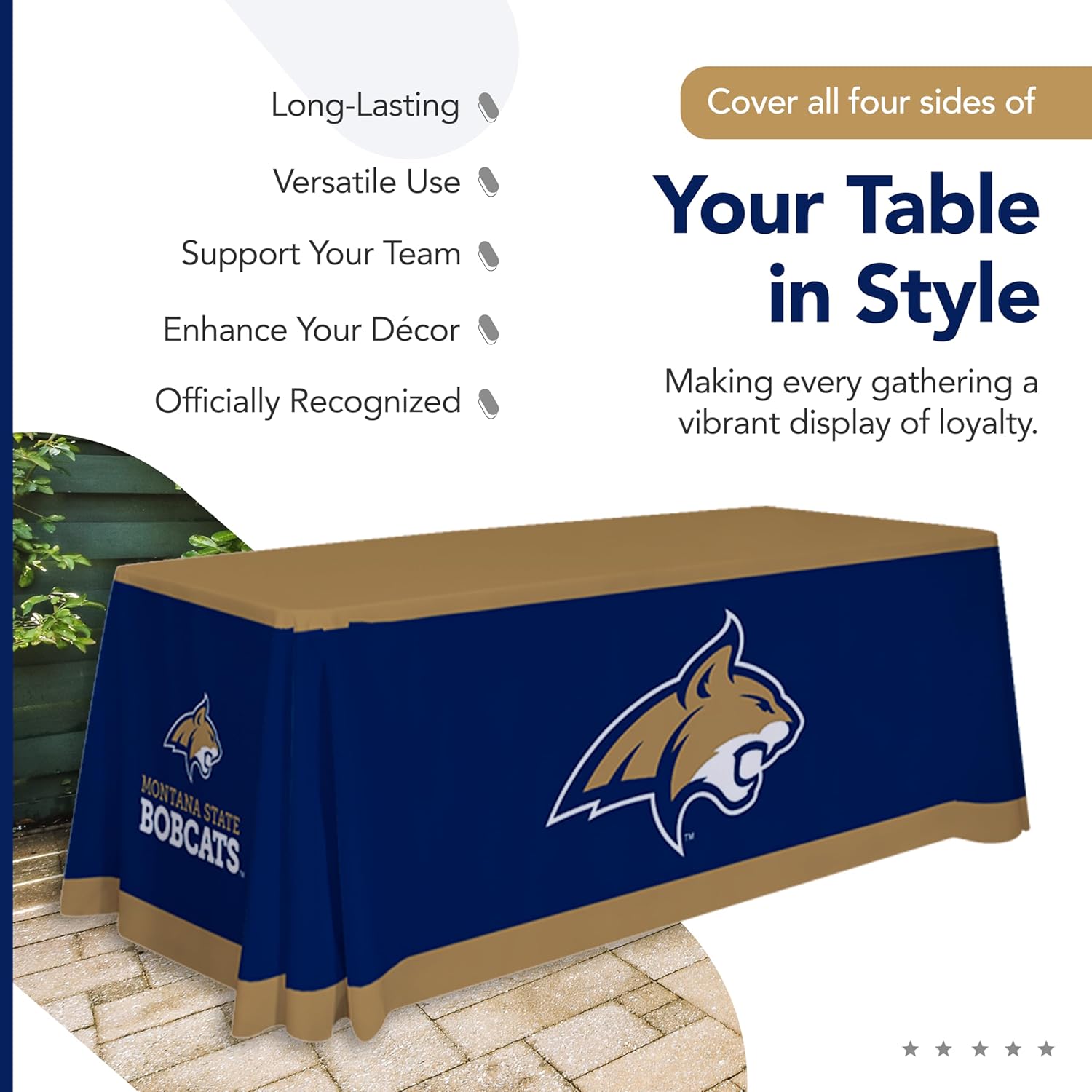 Montana State Bobcats College Sports Printed Table Throw - NCAA Licensed - Polyester - School Tablecloth (Blue, Gold, White) (6' Draped)