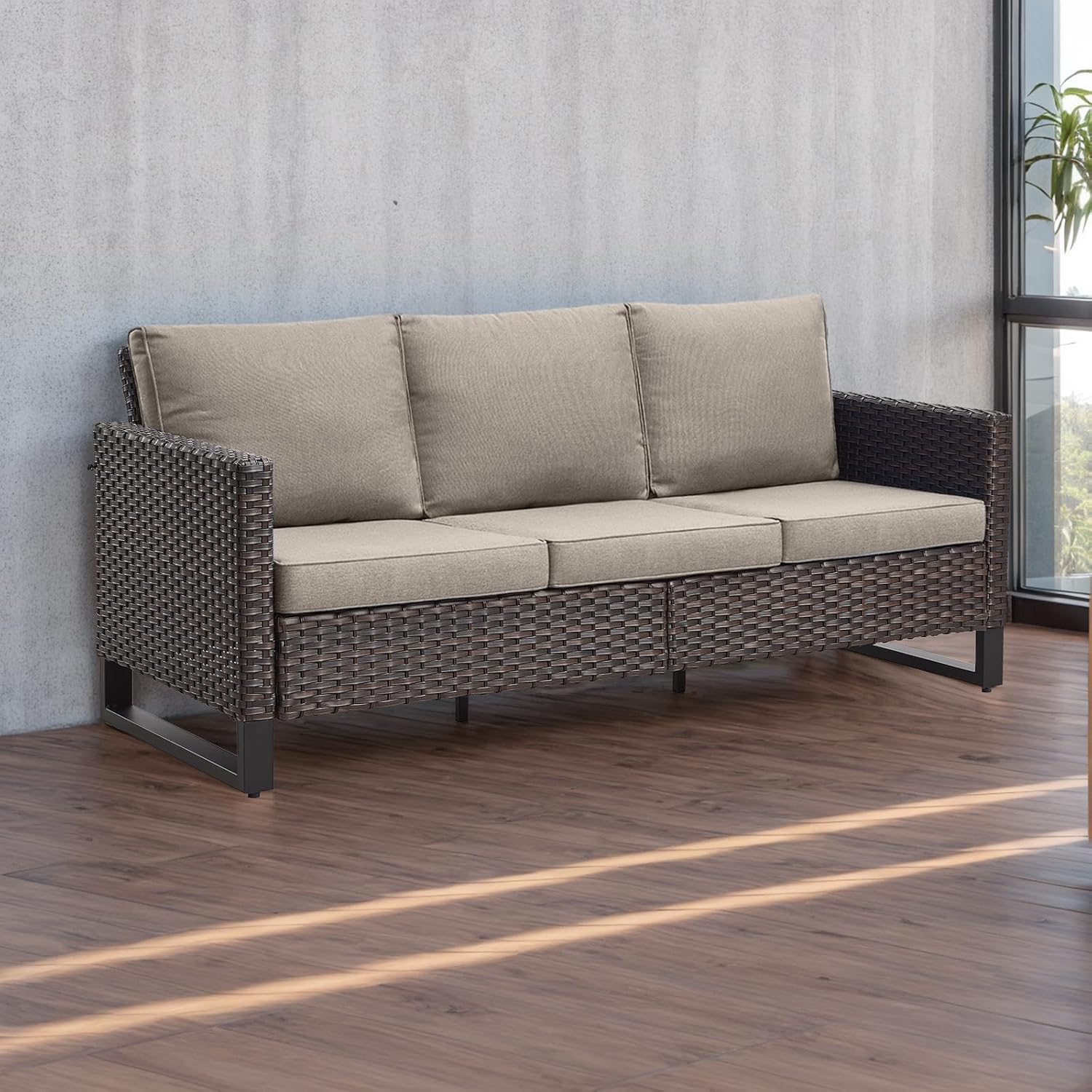 Rilyson Luxury Wicker Outdoor Couch Patio Sofa - 3 Seater Rattan Outdoor Patio Couch Water Resistant,Comfortable Cushions and Sturdy Metal Frame for Outside Porch Deck Backyard(Brown/Beige)