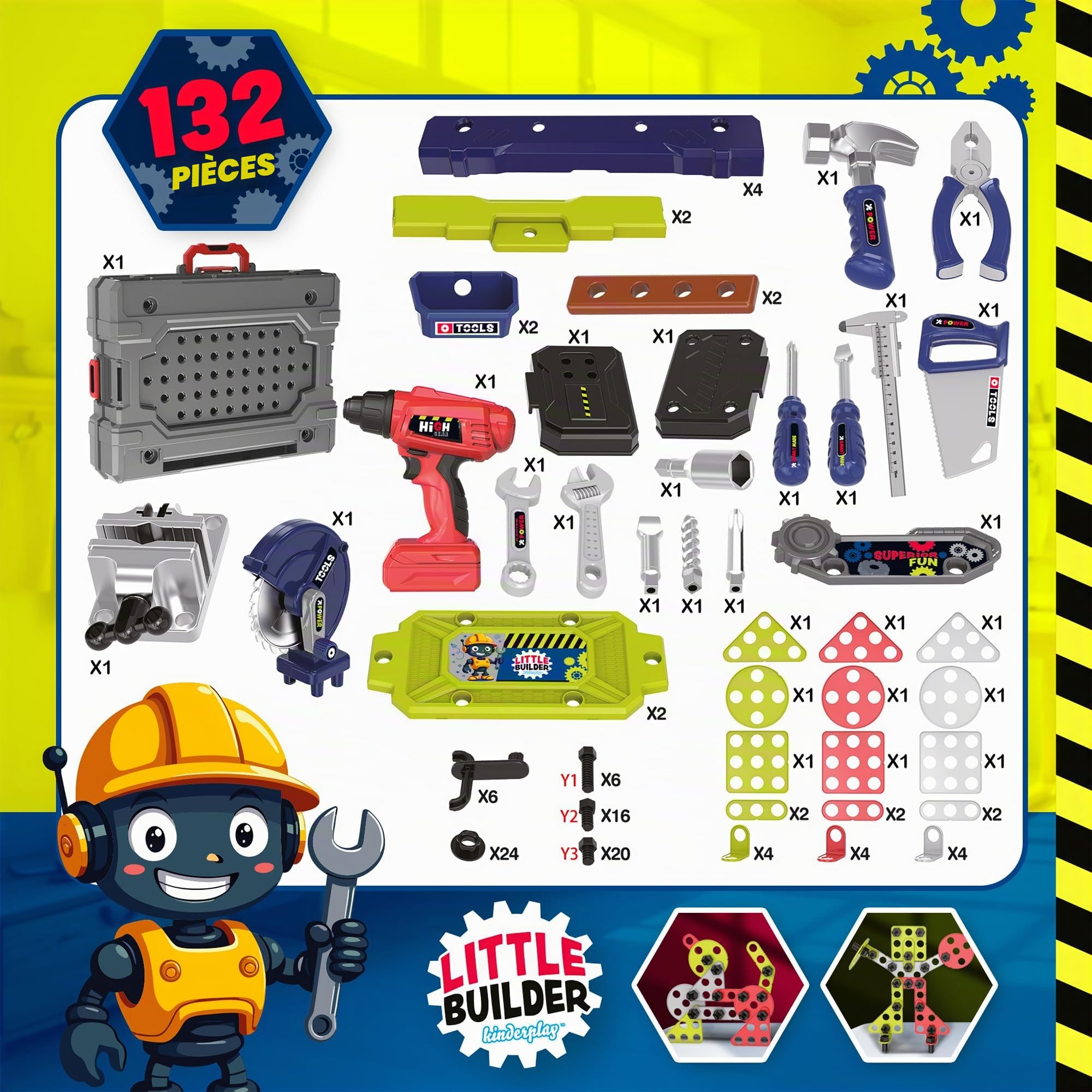 Kinderplay Établi pour Enfants 132 pièces avec kit d'outils et perceuse, Atelier pour Enfants à partir de 3 Ans, Mallette 2 en 1, Banc à Outils, Jouet pour garçons et Filles