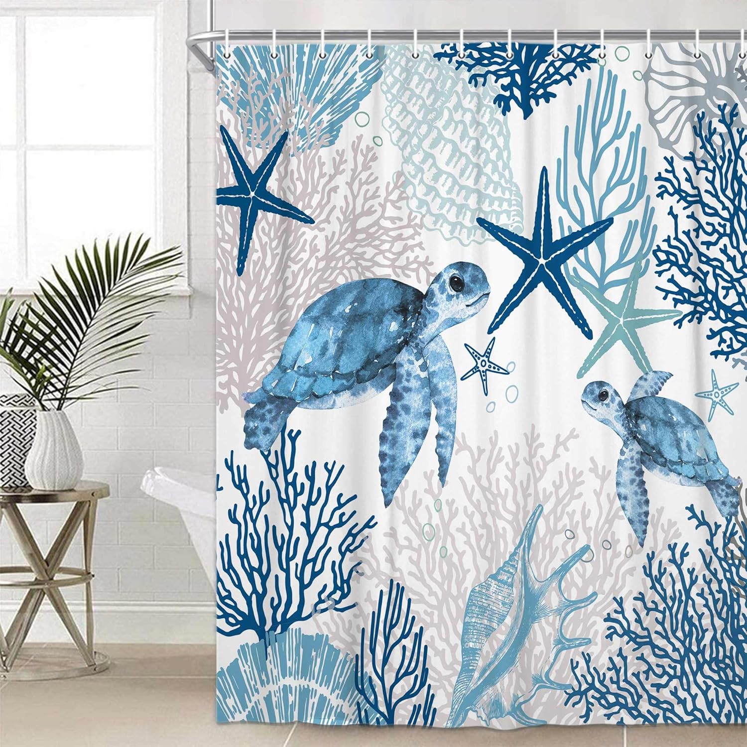 Nautical Coastal Shower Curtain, Dark Blue Tropical Sea Turtle Seashell Starfish Bath Curtain Decor, Beach Waterproof Fabric for Shower Curtain Set with Hooks, 70X85IN