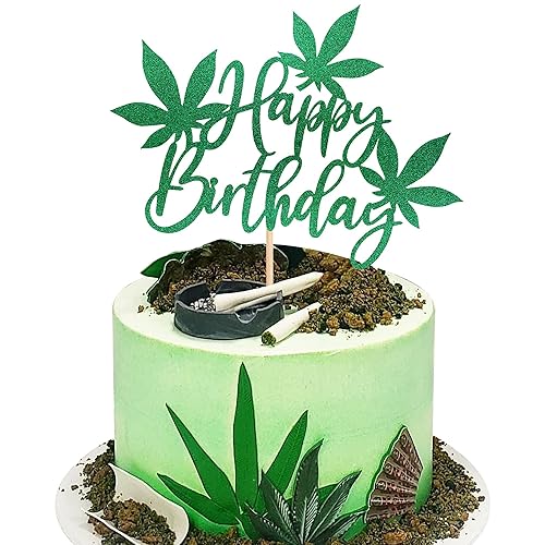 1 pieza de decoración de pastel de feliz cumpleaños con maceta de purpurina verde, hojas de malas hierbas para pastel de cumpleaños, 420 cumpleaños,