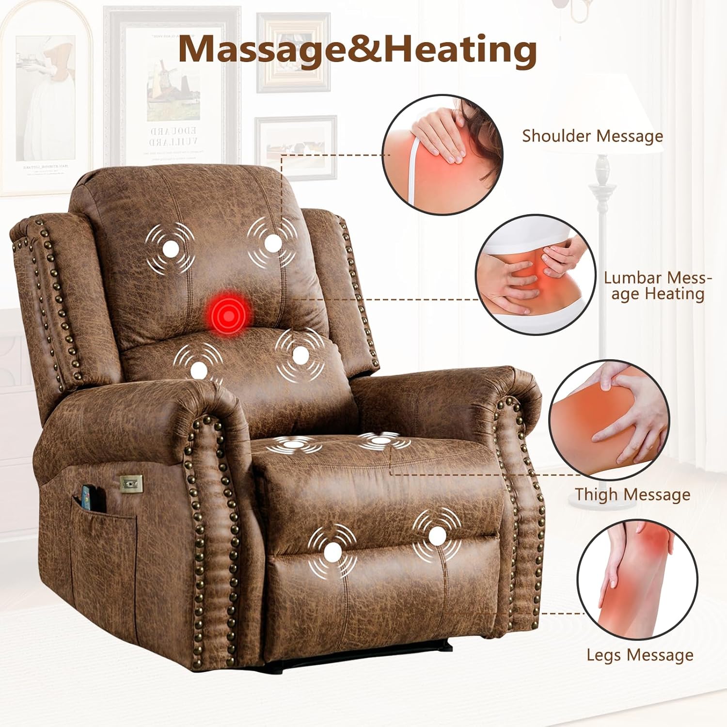 3-Piece Power Reclining Sofa Set with Rivets, Included Electric Recliner Chair with Massage & Heat and 3-Seater Recliner Couches Set of 2, Faux Leather Living Room Furniture Set, Brown