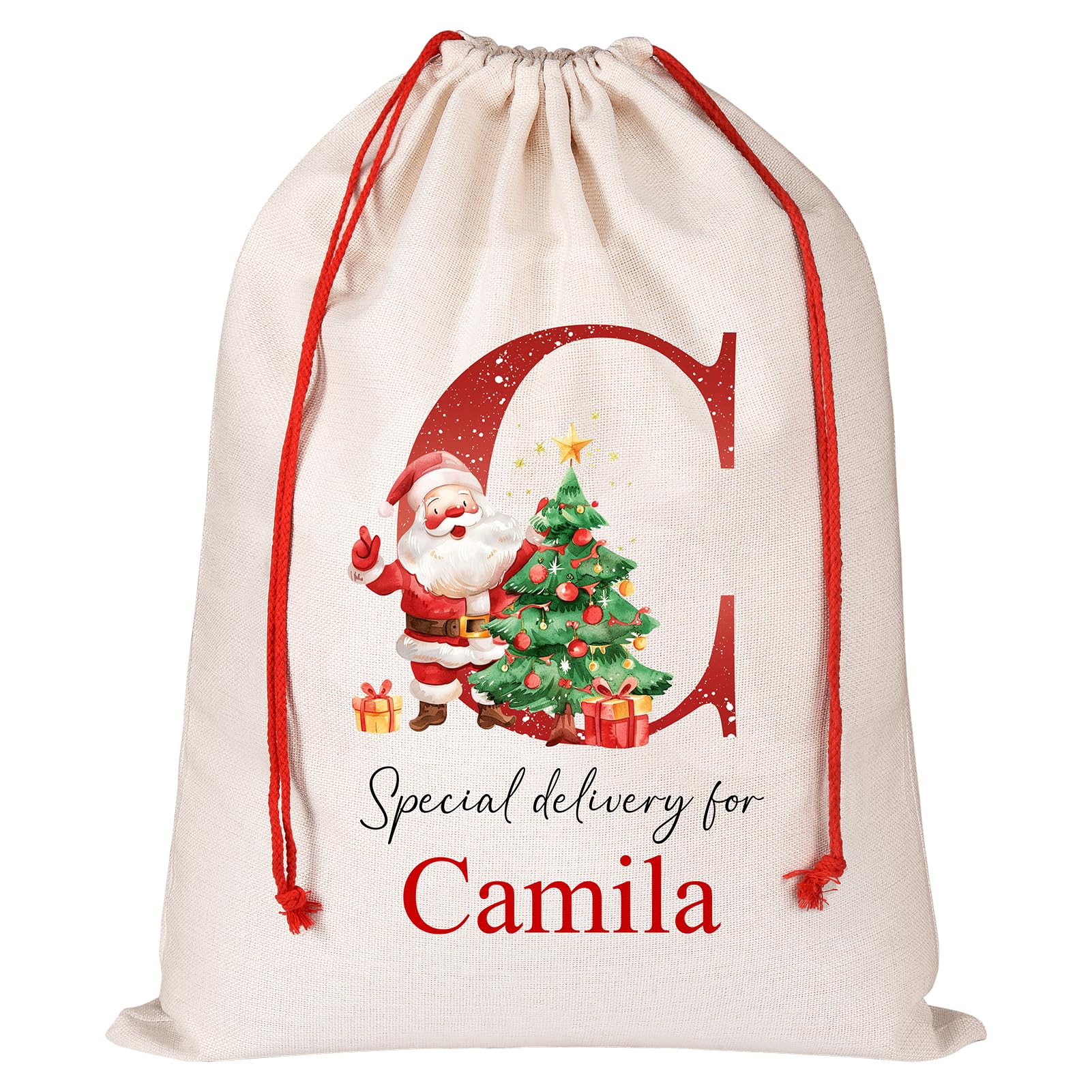 4 Pack Personalised Santa Sack with Initial & Name, Custom Monogram Alphabet Xmas Gift Bags, Xmas Eve Box Sack Bags, Christmas Wrapping Gift Bags for Kids Holiday Presents โ image 1