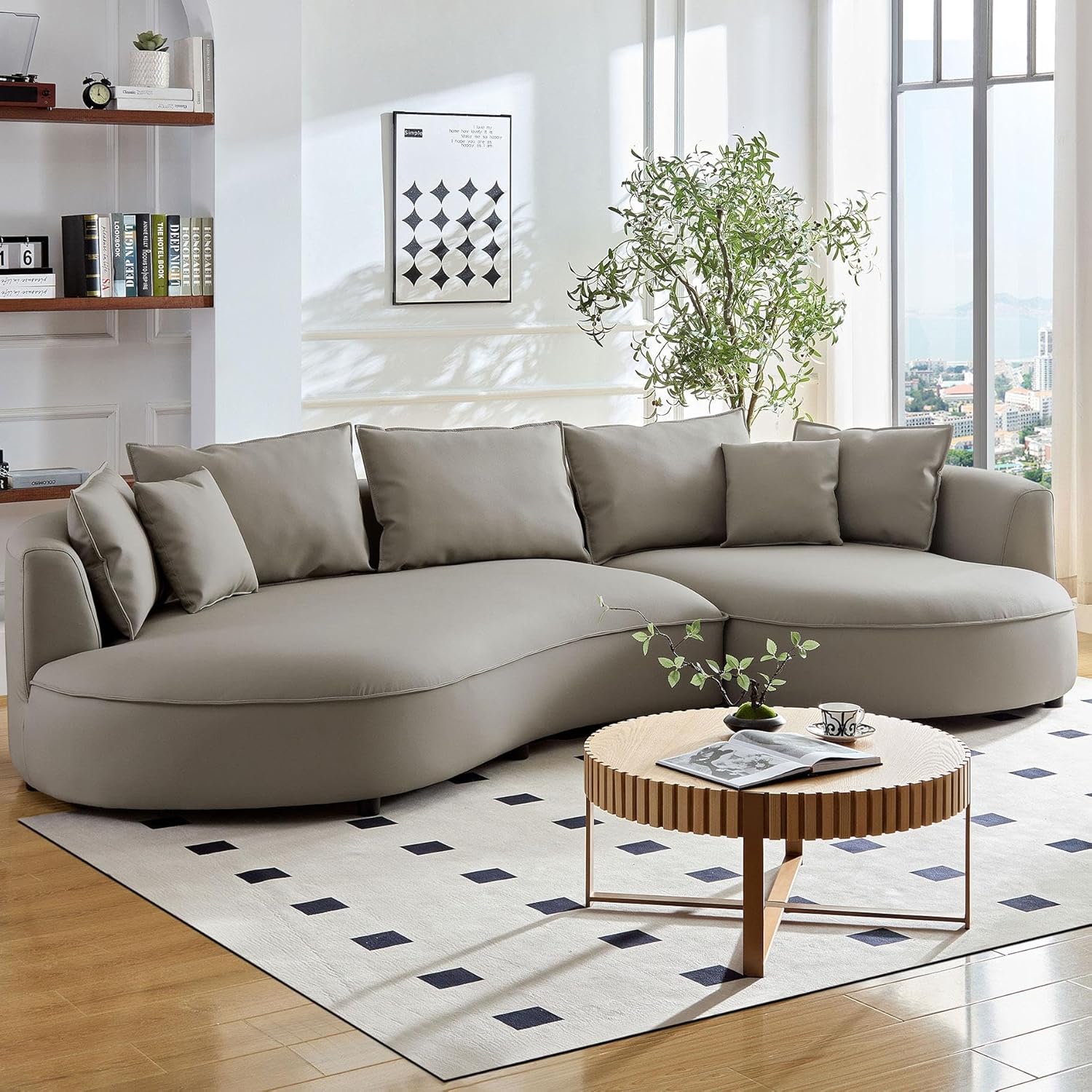 Modern Curved Sectional for Living Room,Minimalist Design deep seat,Grey Bonded Leather Upholstered,L Shape Round Couch, Modern semicircualr Sofa | right chaise