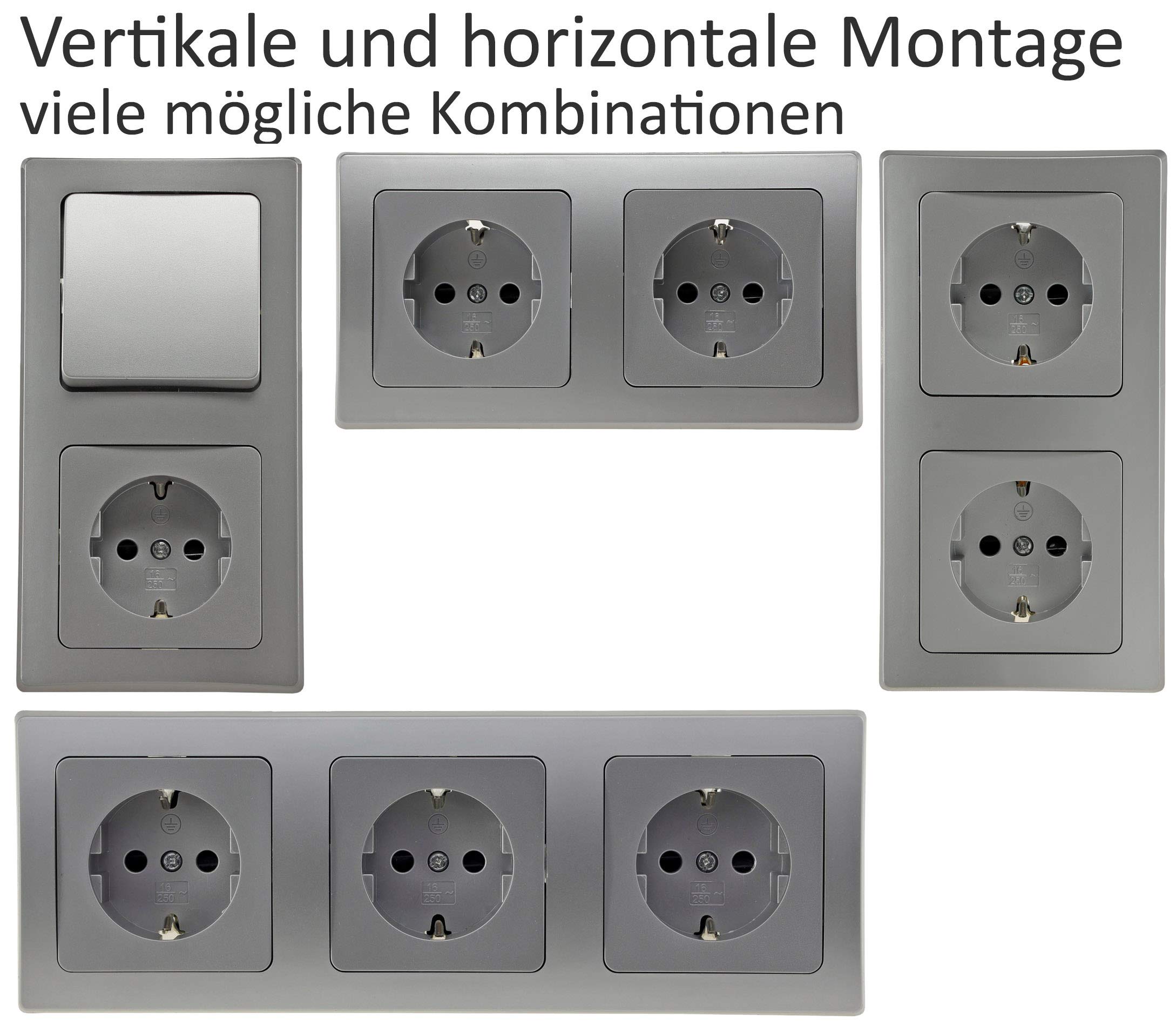 ChiliTec Steckdosen Schalter Unterputz KomplettSet Delphi Silber Grau | 94-teilig, 50x Steckdosen, 10x Schalter, Netzwerk TV Antenne, UP Einbau