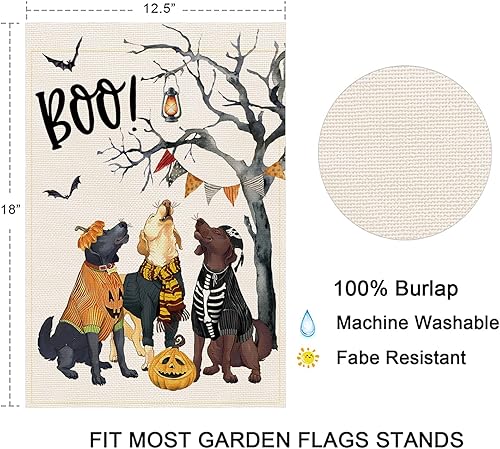 Miniatura 6 de Balgardekor Bandera de jardín de Halloween Boo para perros, espeluznante de 12 x 18 pulgadas, de arpillera de doble cara de sombrero de bruja para