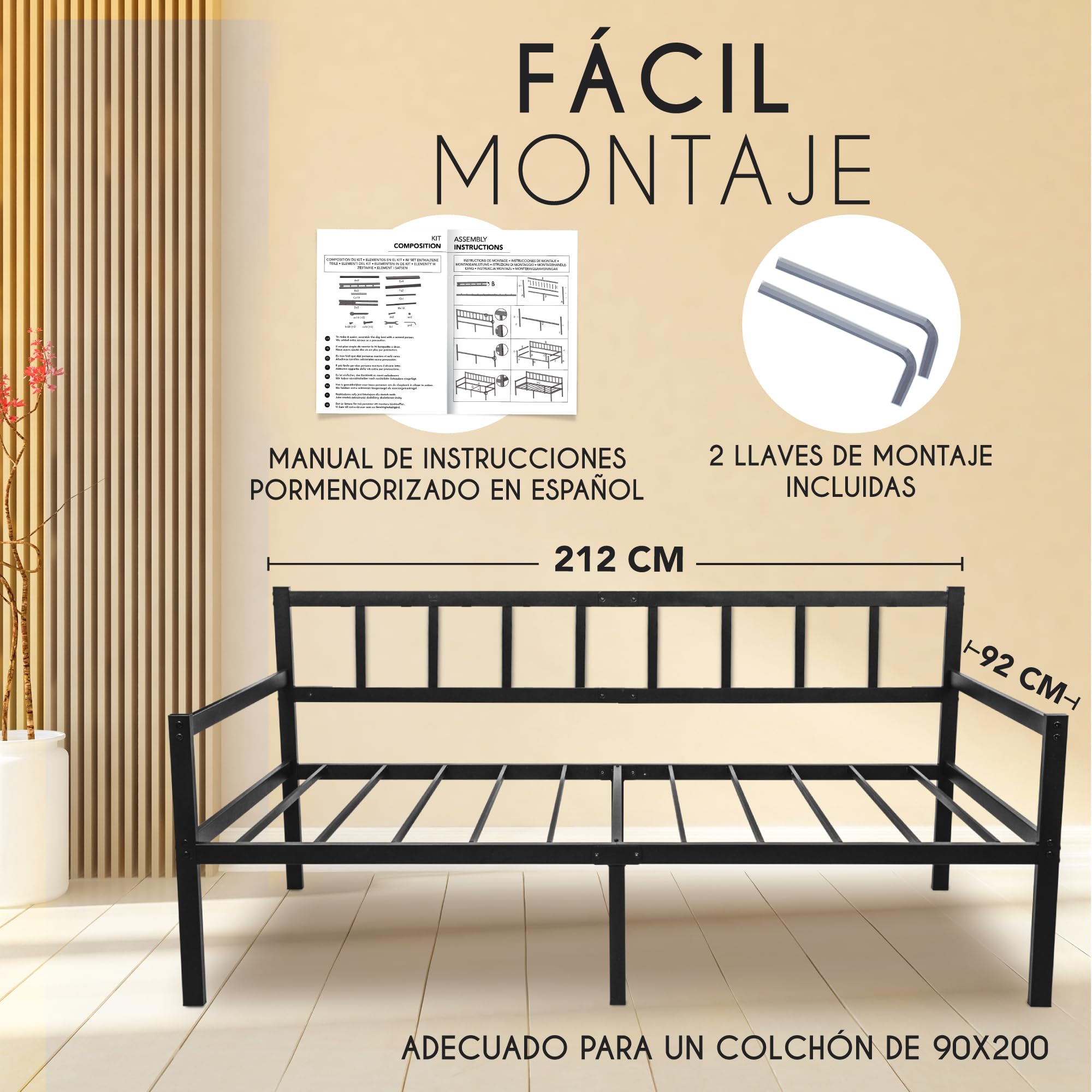 Cama de Asiento 2 en 1 – Cama de sofá 92 x 202 x 36 cm – Marco de Cama para colchón de 90 x 200 cm – Marco de Cama de 1 Plaza con somier – Banco de Cama Individual – Sofá Marco de Metal Negro