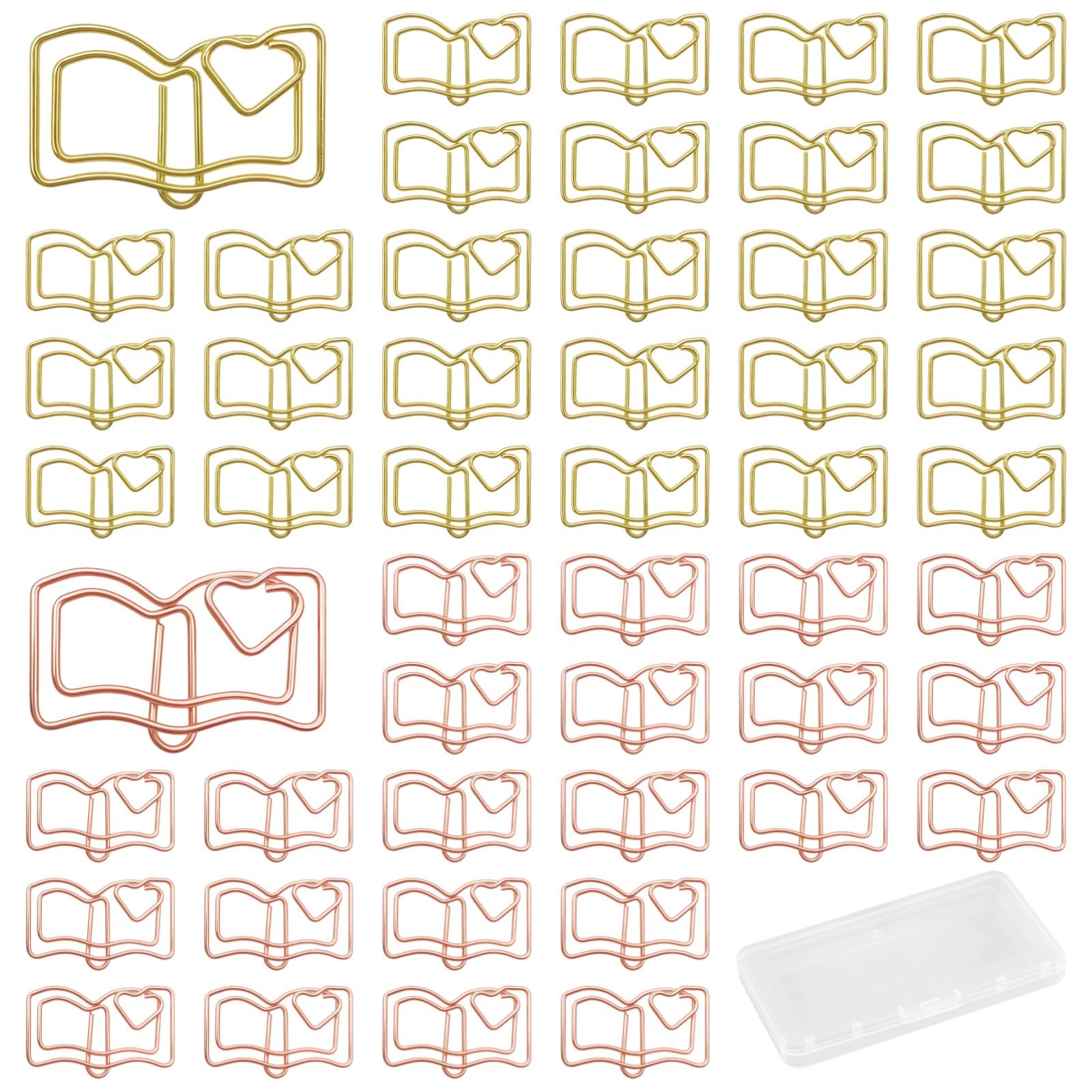 100 clip per libri con motivo a cuore con scatola portaoggetti, clip decorative in metallo, cancelleria oro rosa, forniture per ufficio carine per studenti e lettori