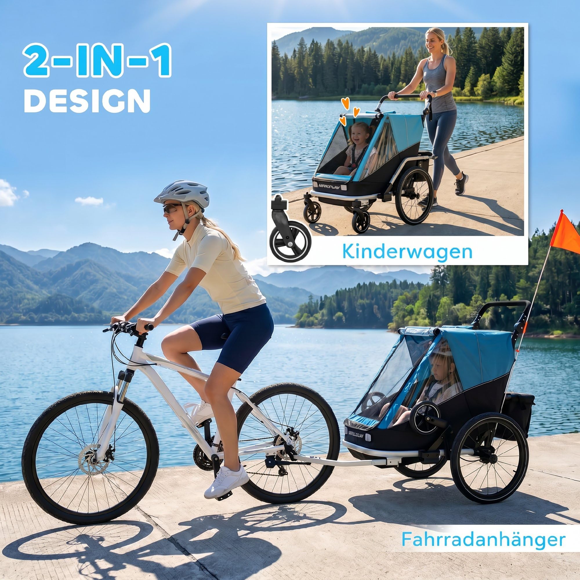 AIYAPLAY Remolque de bicicleta 2 en 1 y cochecito de 2 plazas, plegable, con correa de 5 puntos, bandera de seguridad, para niños a partir de 12 meses, máx. 18 kg