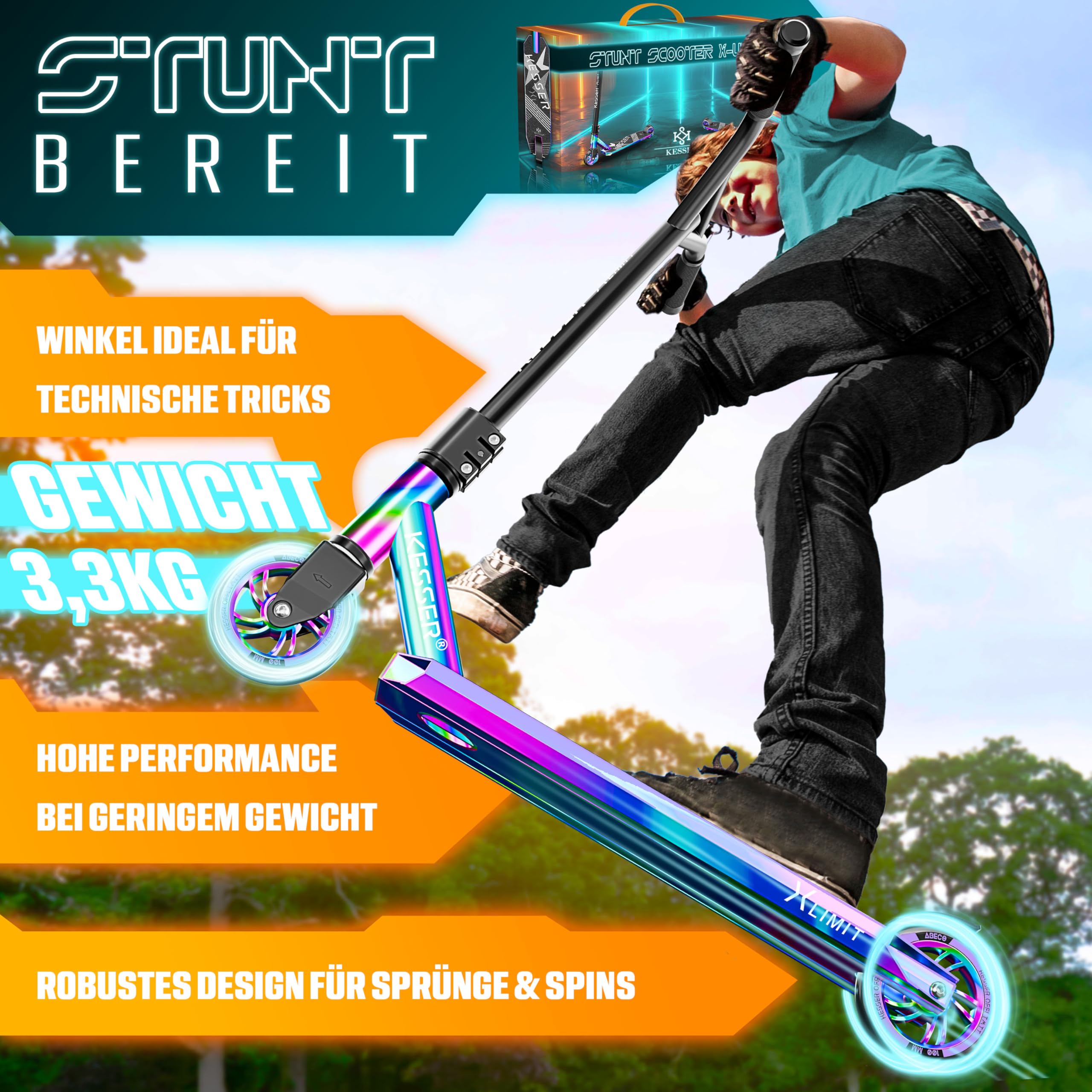 KESSER® Trottinette Stunt X-Limit - Direction à 360° - Robuste - Avec roulements à billes ABEC 9 - Roues PU 100 mm - Trottinette de ville, d'acrobatie - Pour enfants et adultes