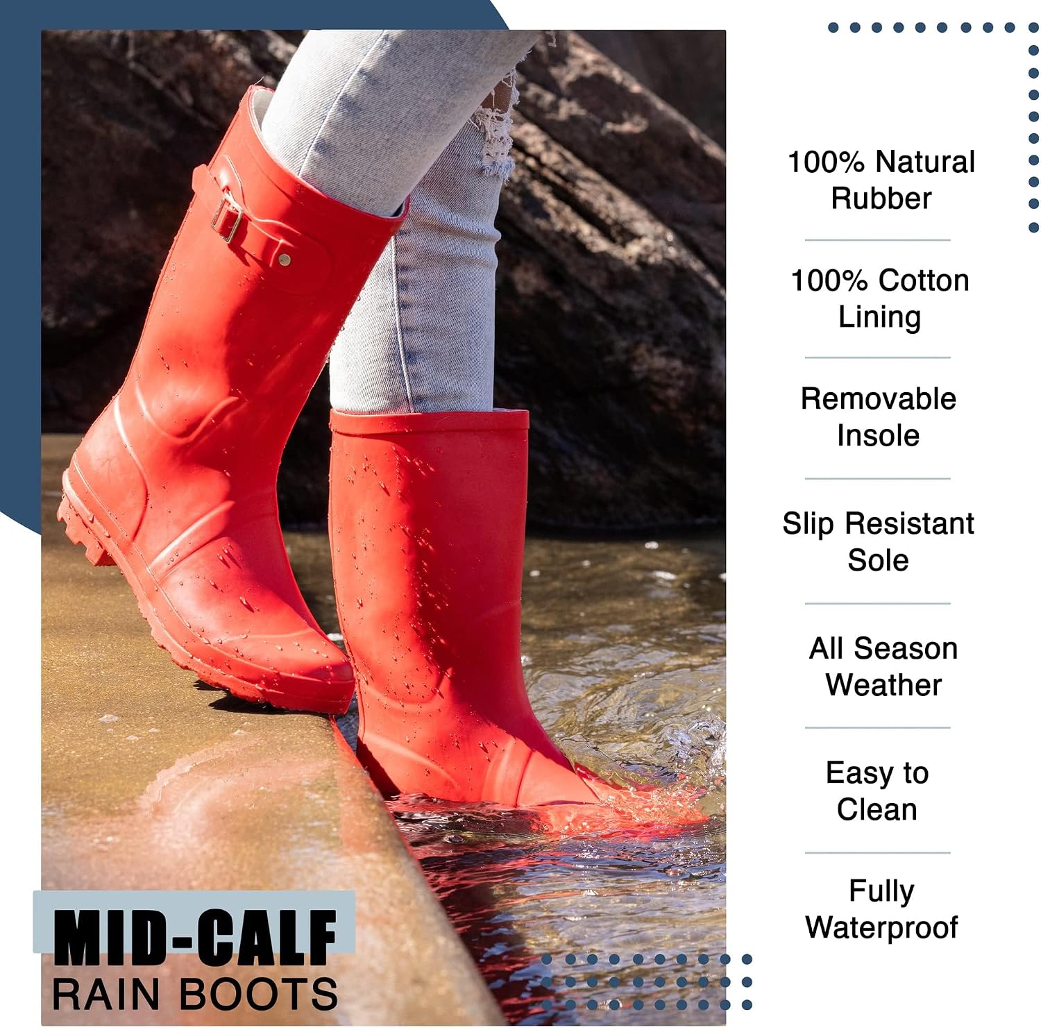 NORTY Waterproof Mid Calf Rain Boots for Women Slip Resistant 11.25" Shaft