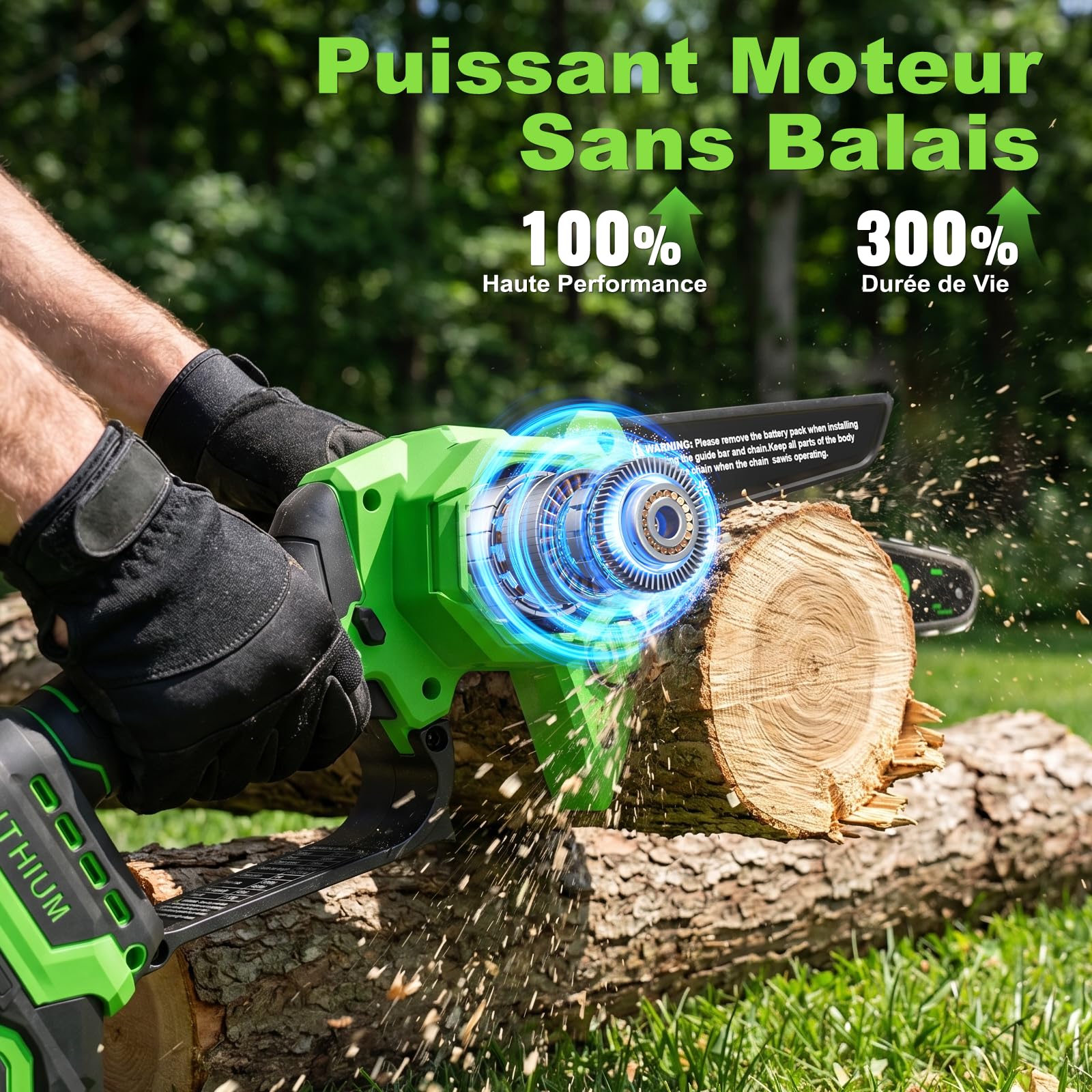 8 Pouces Mini Tronçonneuse Sans Balai Sans Fil, 2×3000mAh Batteries, Lubrification Automatique, Outil Jardinage Idéal pour Élagage Bois et Arbres