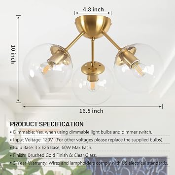 Bagood Globe Semi Flush Mount Ceiling Light Clear Glass with Brass Finish&Mid-Century Modern Semi Flush Mount Ceiling Light 3 Lights Clear Glass Modern Globe Ceiling Light for Hallway Kitchen