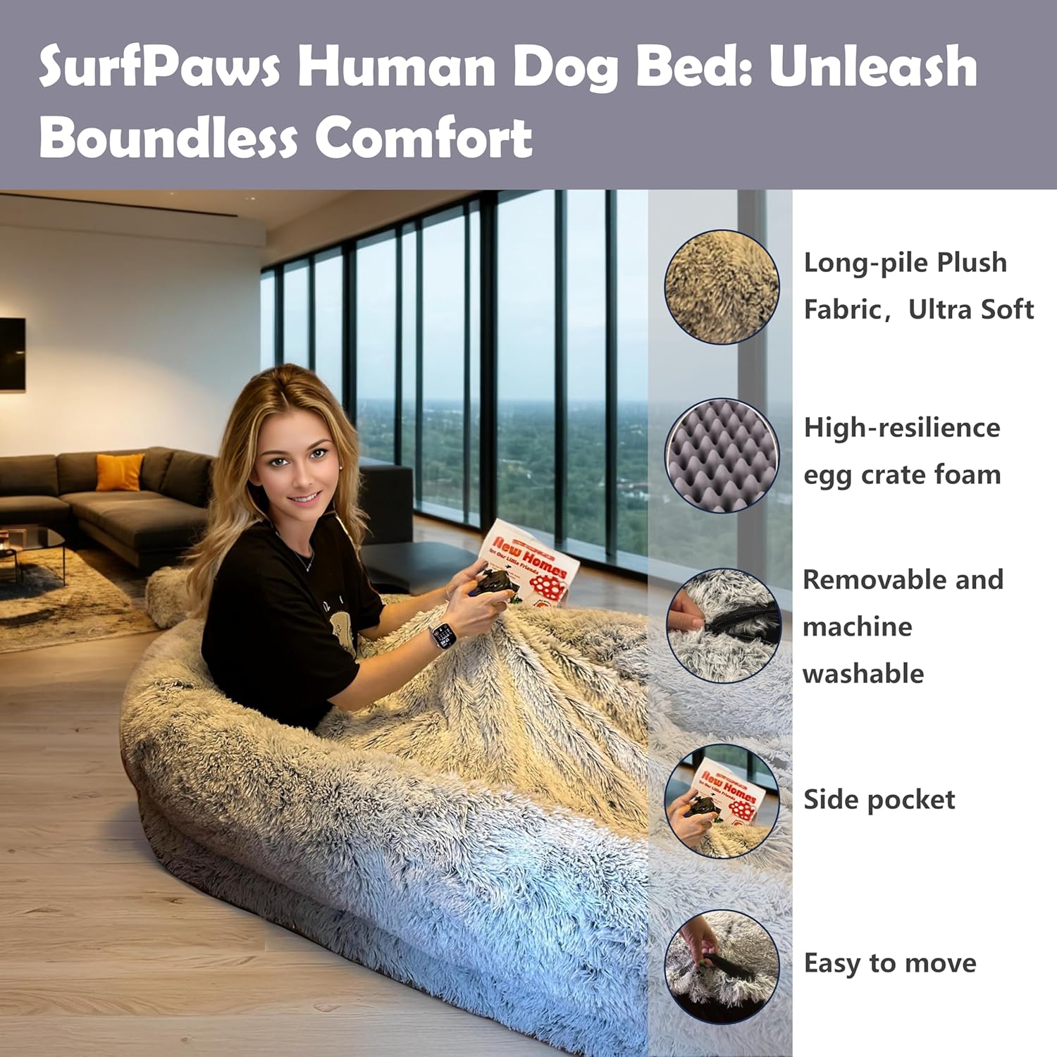 Human Dog Bed for Adults and Pets, 72"x46"x9" Extra-Large Comfortable Bed with Storage Pocket and Soft Blanket, Washable and Waterproof (Gray, XXX-Large)