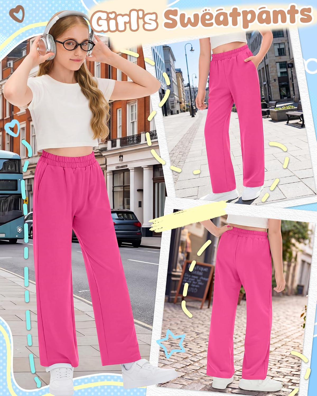Girls Sweatpants Kids Wide Leg Baggy Pockets Pants Athletic Casual Open Bottom Trousers Loose Fall Trackpants 5-14Y