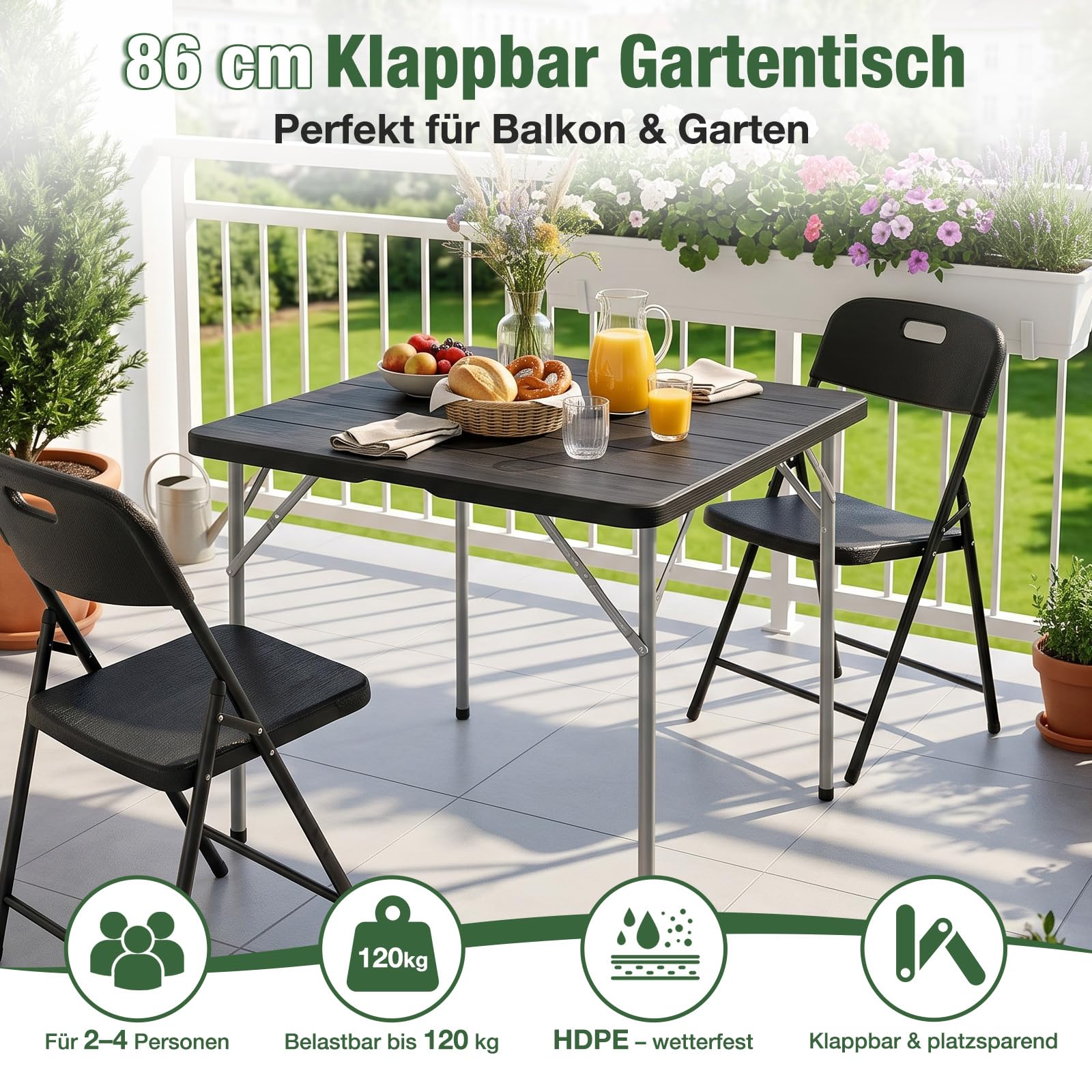 Sekey Gartentisch Klappbar, H x B x T: 74 x 86 x 86 cm, Kunststoff Holz Optik Balkontisch 4 Personen, Wetterfest Klapptisch Outdoor Campingtisch Beistelltisch Bistrotisch, Schwarz