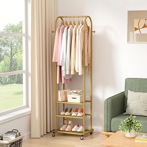 Miniatura 4 de Perchero de Ropa Resistente con Ruedas, Perchero Moderno con 3 Estantes de Metal, Perchero de Exhibición de 71.8 Pulgadas para Colgar Ropa, Barra