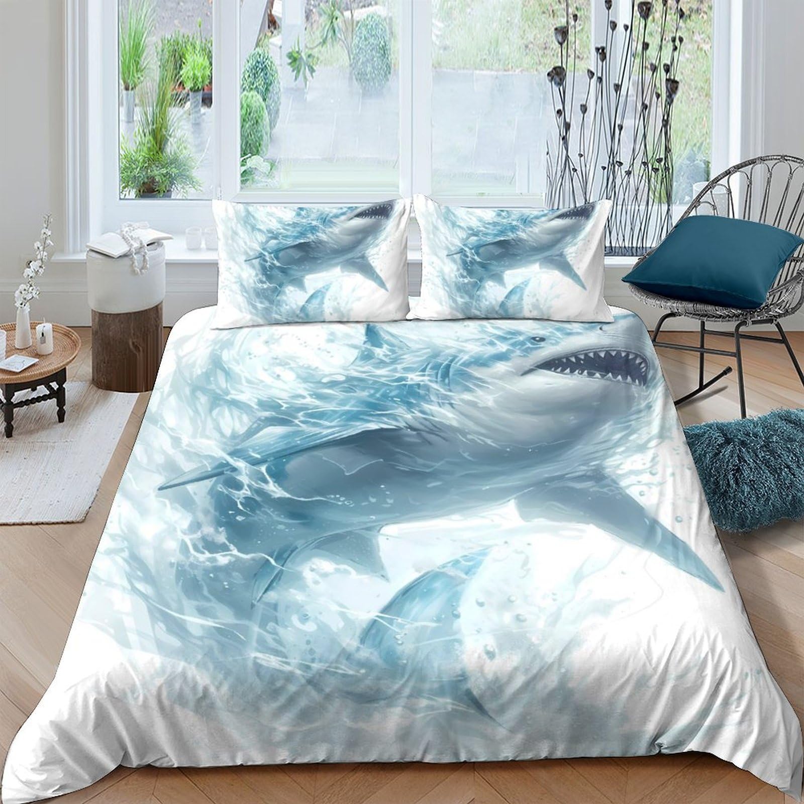 Ctjqhvkz Style-6 3D Printed Shark Ocean Fitted Sheet Microfiber Soft Breathable Waves Mattress Cover For Bedroom Guest Room Decor Single（135X200cm）