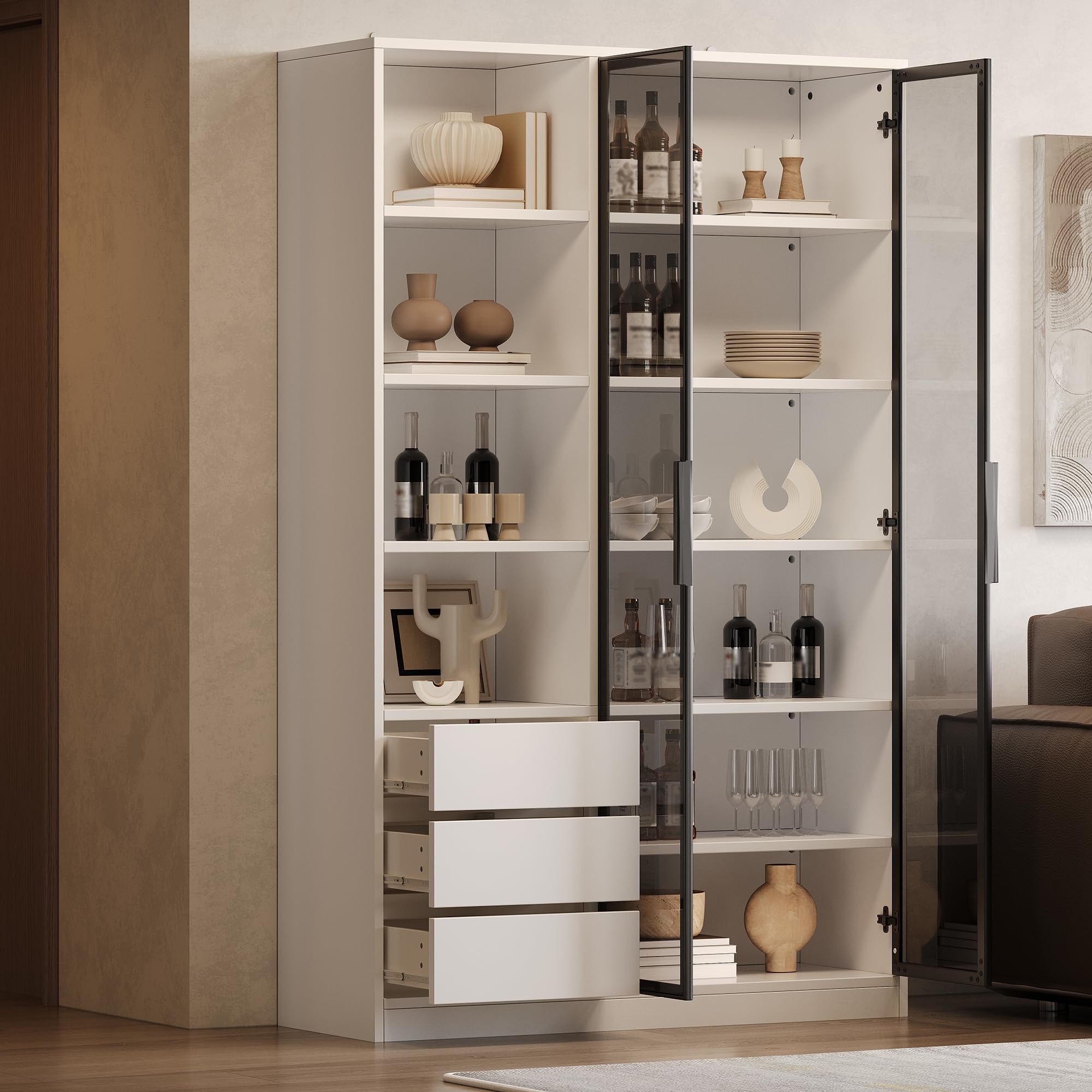 TIZZ Vetrina a 3 cassetti, 2 ante in vetro temperato destra, ripiano regolabile in altezza, design bianco, credenza, armadietto per sala da pranzo, soggiorno, armadietto per vino