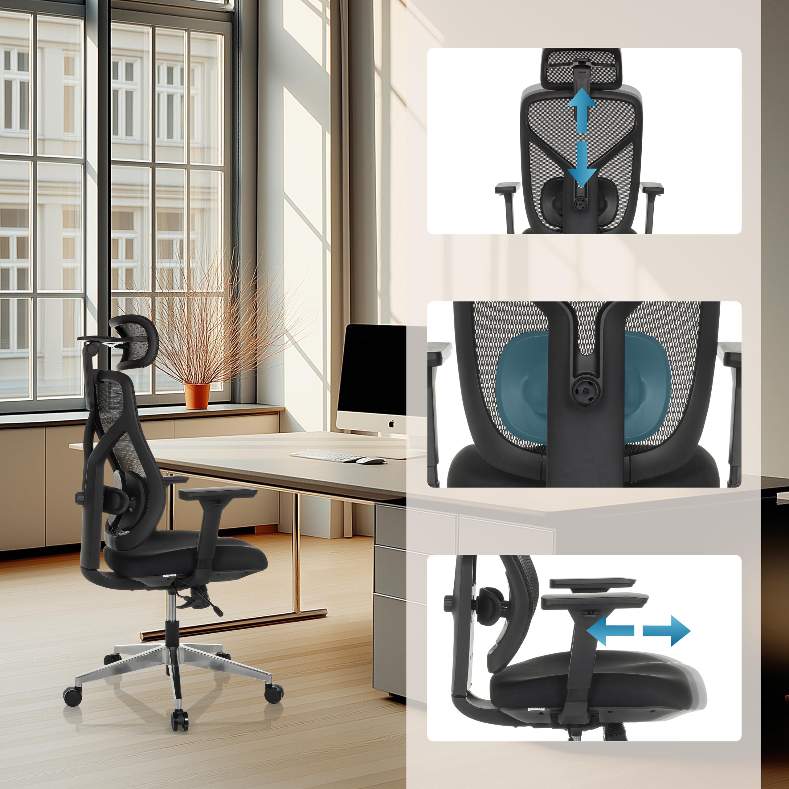 hjh OFFICE Bürostuhl ergonomisch CASSILIS B Netz Drehstuhl, Verstellbare Rückenlehne mit Lendenstütze, Körpergröße bis 220 cm, Schwarz