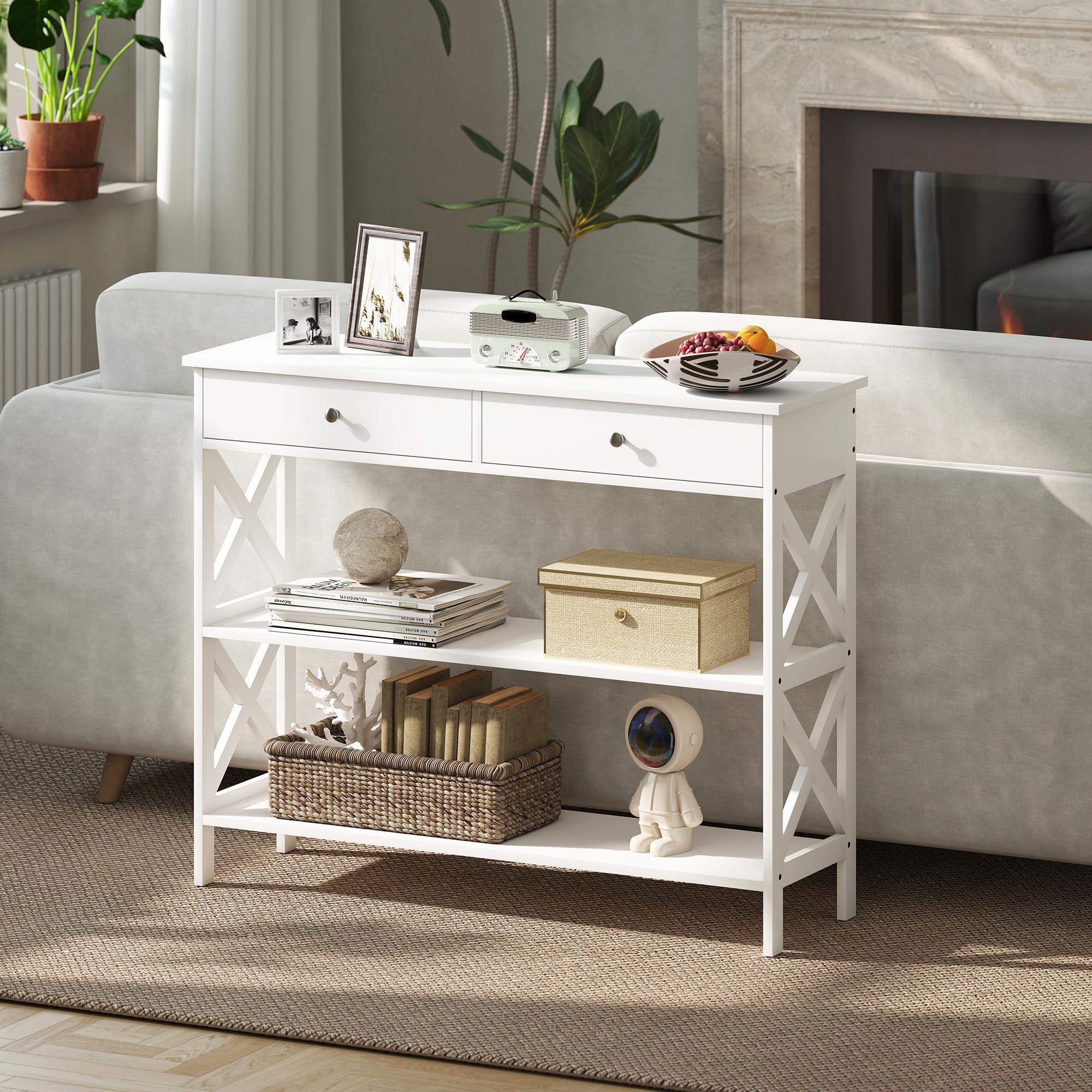 homcom Tavolo Consolle con 2 Cassetti e 2 Mensole, Mobile da Ingresso e Soggiorno in MDF, 100x30.5x80cm, Bianco