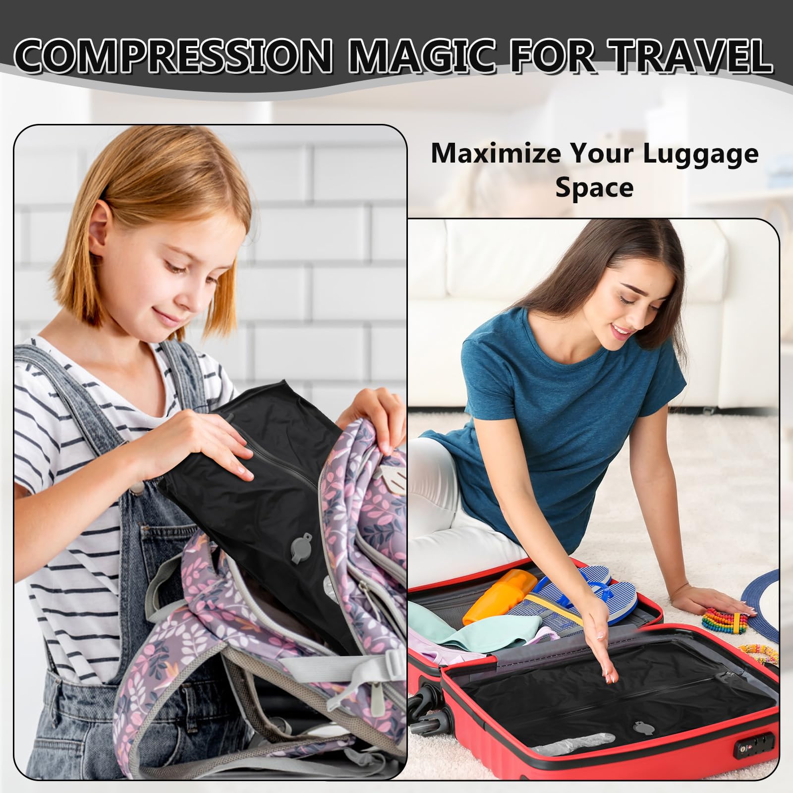 WingFly Bolsa al vacío para ropa de viaje con bomba inalámbrica, IP67 bolsa de compresión reutilizable para maleta y mochila, ahorra espacio, ligera y duradera (negro, 2 piezas + bomba)