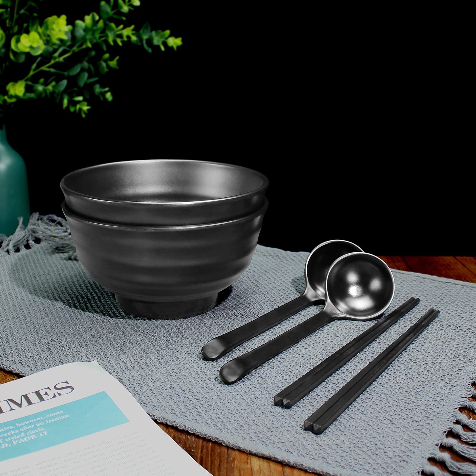2 juegos (6 piezas), cuencos de sopa, juego de cuencos japoneses, viene con palillos y cucharas, cuencos para sopa, apto para lavavajillas, cuenco multifuncional para cereales para pasta, color negro