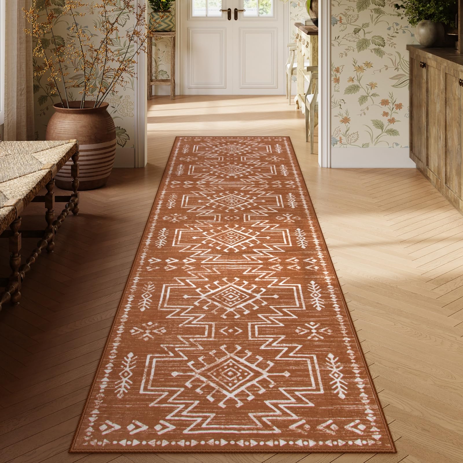 Lahome Orange Hallway Runner Rug Non Slip, Boho Washable Western Runner Rug, Stain Resistant Aztec Long Carpte for Entryway Entrance Indoor (2'5''x8')