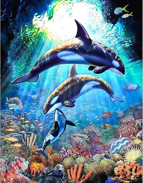 DONQL 5D Diamond DIY Paintings Kits for Adults Kids Animals Dolphin Round Diamond Art Kits and Crafts Diamond Painting by Number Kits Perfect for Home Wall Decoration 30x40cm
