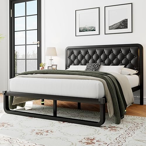 Queen Size Bed Frame with Leather Tufted Headboard, Heavy Duty