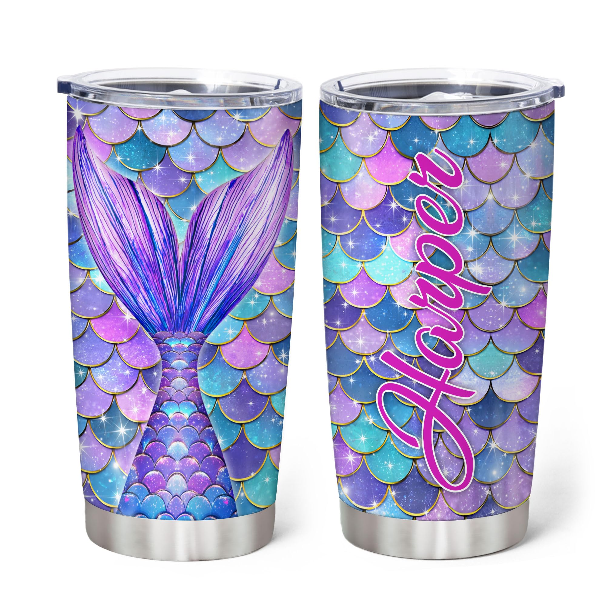 Hyturtle Personalized Gifts For Mermaid Lover - Birthday Christmas - Mermaid Custom Name Stainless Steel Tumbler 20oz With Straw Lid - Gift For Women