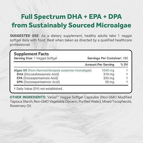 Miniatura 2 de Naturalis Omega 3 vegano de doble fuerza DHA, EPA y DPA de microalgas  Certificado Vegan Society de origen sostenible, verdadero espectro completo