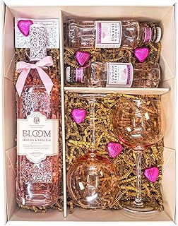 Bloom Gin 70cl Gift Set Hamper, with Matching Pink Sparkleware Balloon Gin Glasses, The London Essence Tonics, Chocolates and Gift Box - Gin Gifts For Women and Birthdays (Jasmine & Rose)