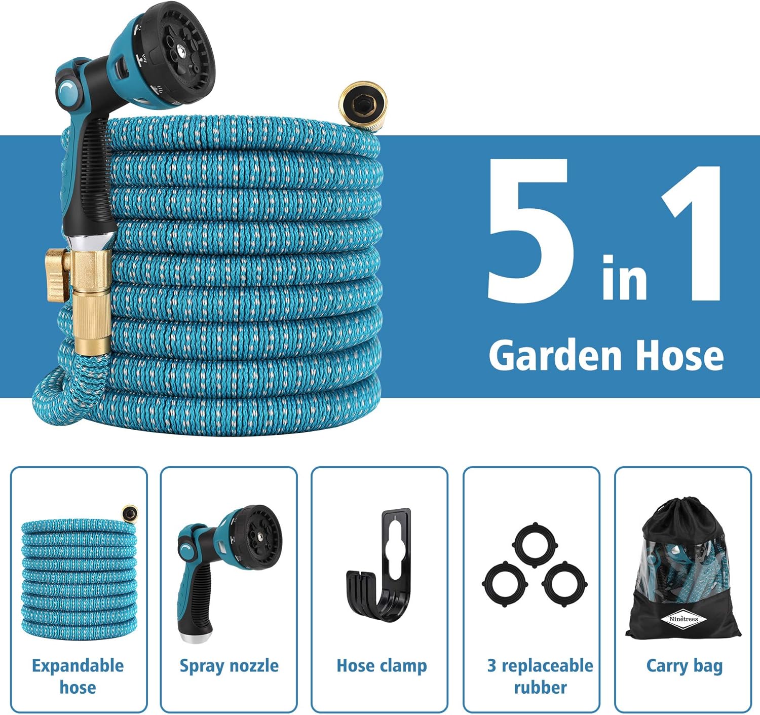 NineTrees 25 FT Expandable Garden Hose with 10 Function Hose Nozzle, Lightweight Anti-Kink Flexible Garden Hoses, Extra Strength Fabric with Double Latex Core : Patio, Lawn & Garden