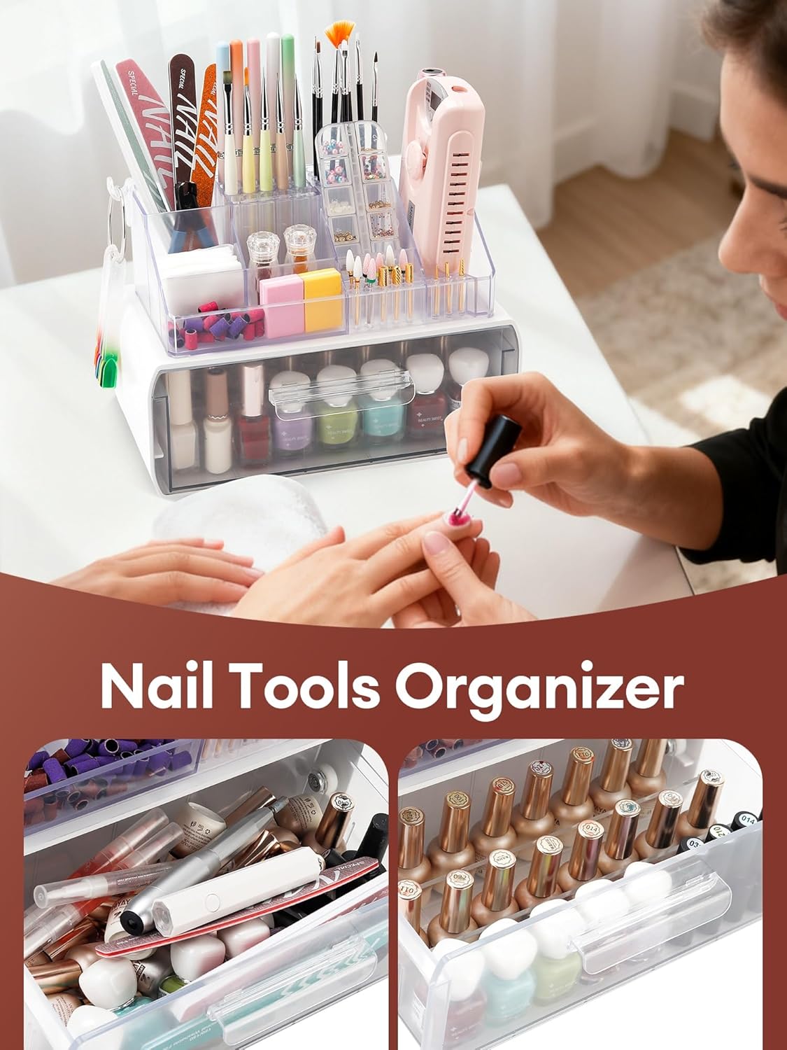 LIARTY Nail Drill Holder with Drawer: Acrylic Nail Drill Bits Holder Makeup Organizer Case for Brush - Beauty Cosmetic Storage Box for Dresser Countertop and Bathroom Vanity