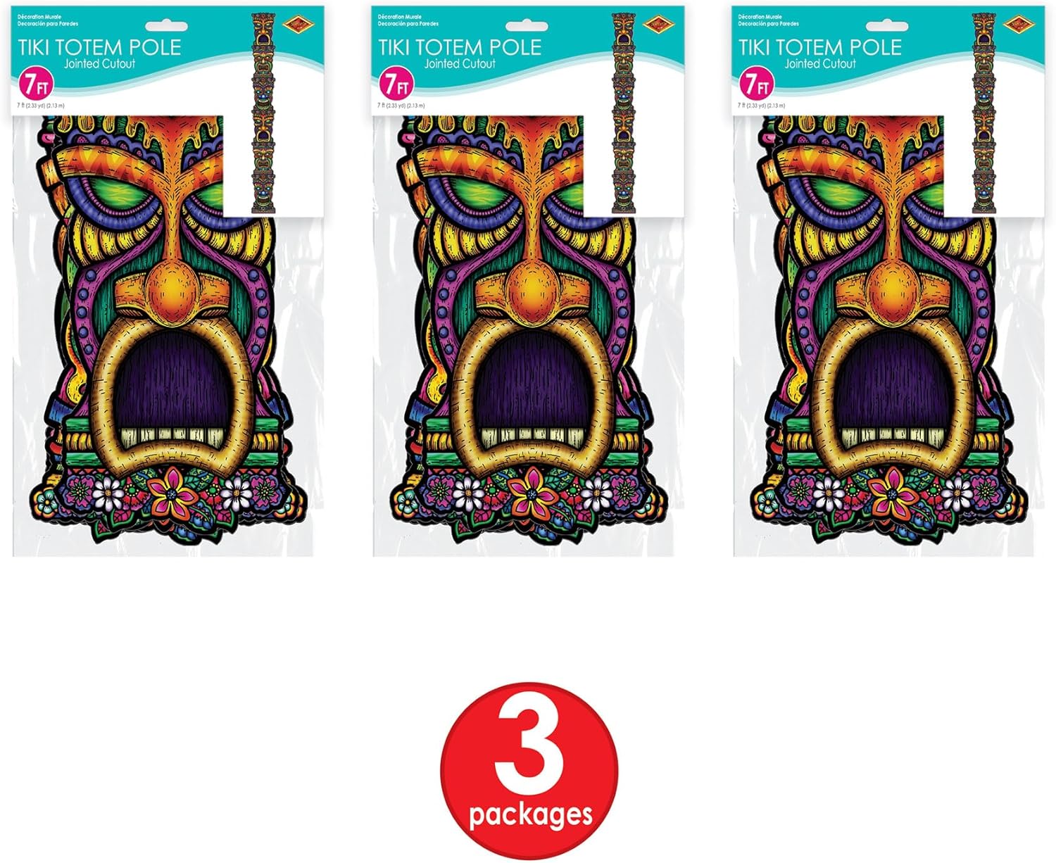 Beistle 3 Piece 7 FT Jointed Tiki Totem Pole Cut Outs, Luau Party Decorations, Celebrating With You Since 1900