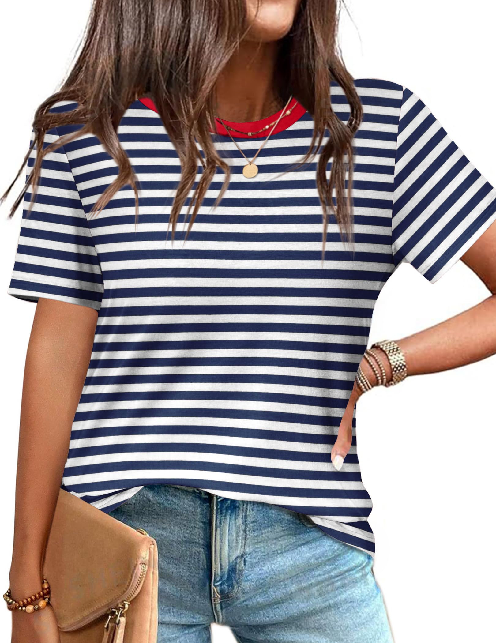 Zeagoo Womens Summer Tops Casual Short Sleeve Striped Shirts Basic Crew Neck T-Shirts Business Work Tees