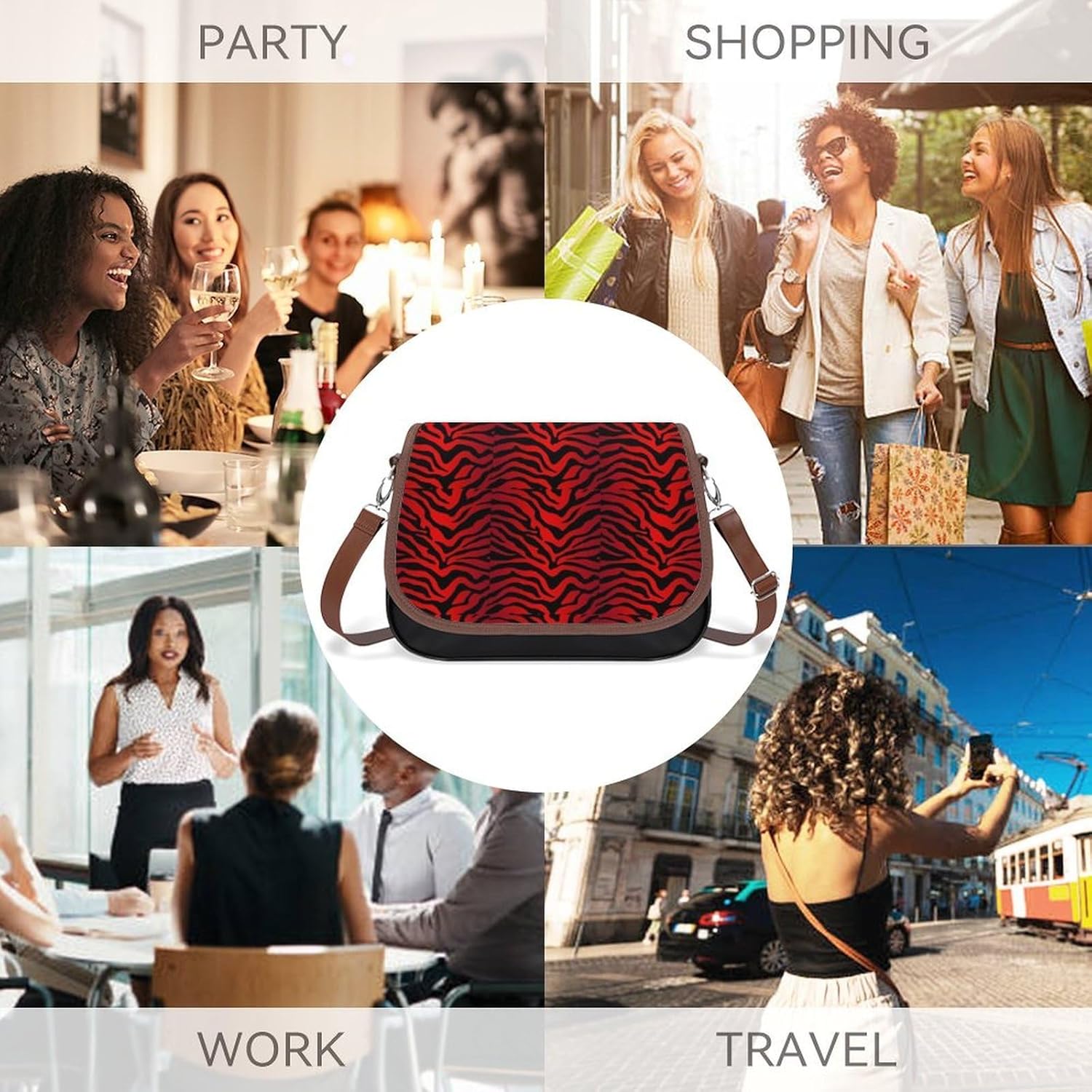 Black And Red Zebra Striped PrintWomen's Faux Leather Crossbody Bag, Waterproof Wrinkle-Resistant Shoulder Bag with Detachable Strap, Large Capacity Casual Handbag, Fashion Daily Purse for Shopping Wo