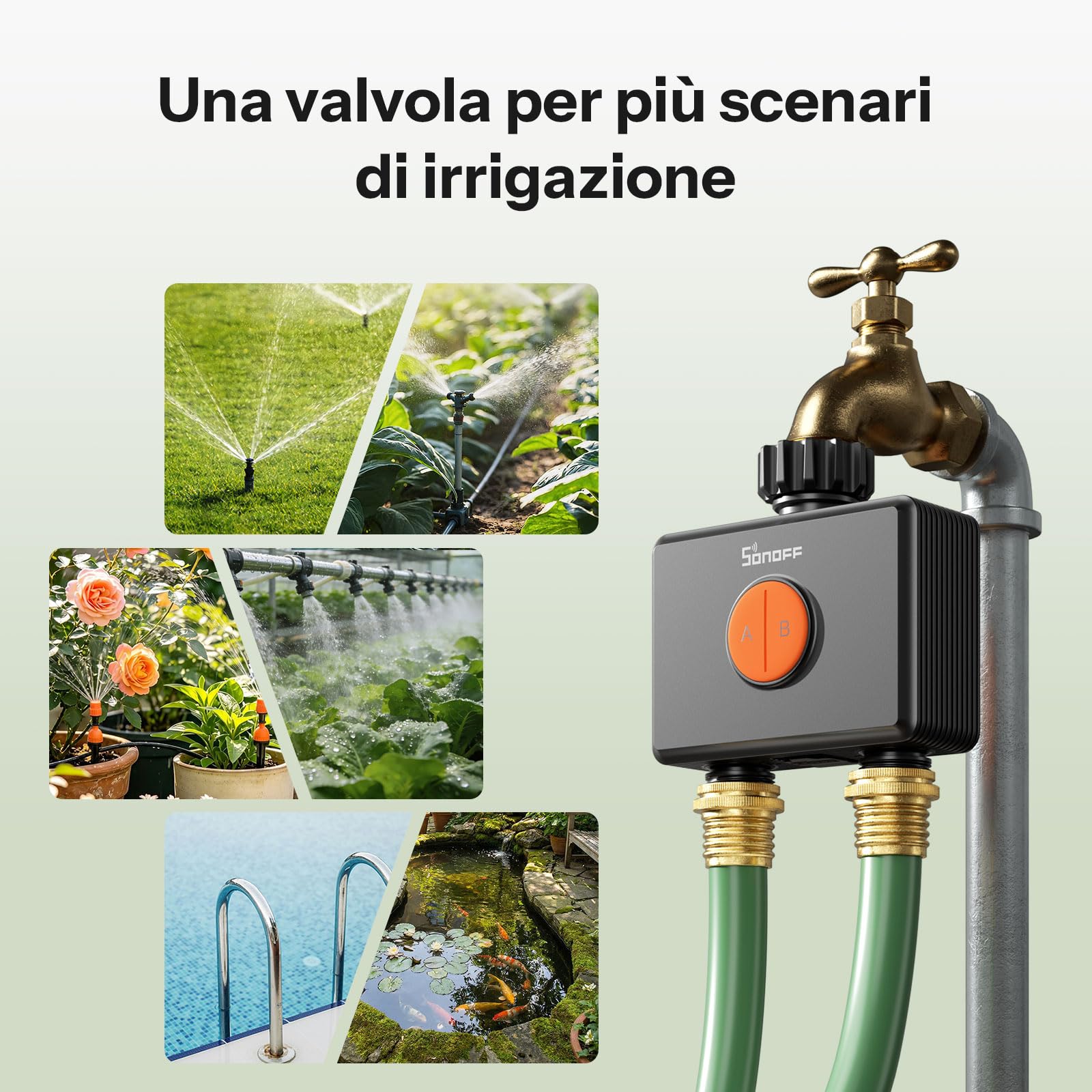 SONOFF SWV-ZF2E Hydro DUO Timer irrigazione Zigbee a 2 zone, ingresso in ottone, IP65, alimentazione Type-C e 4 AA, adattamento meteo con misuratore di flusso, hub Zigbee richiesto, Home Assistant