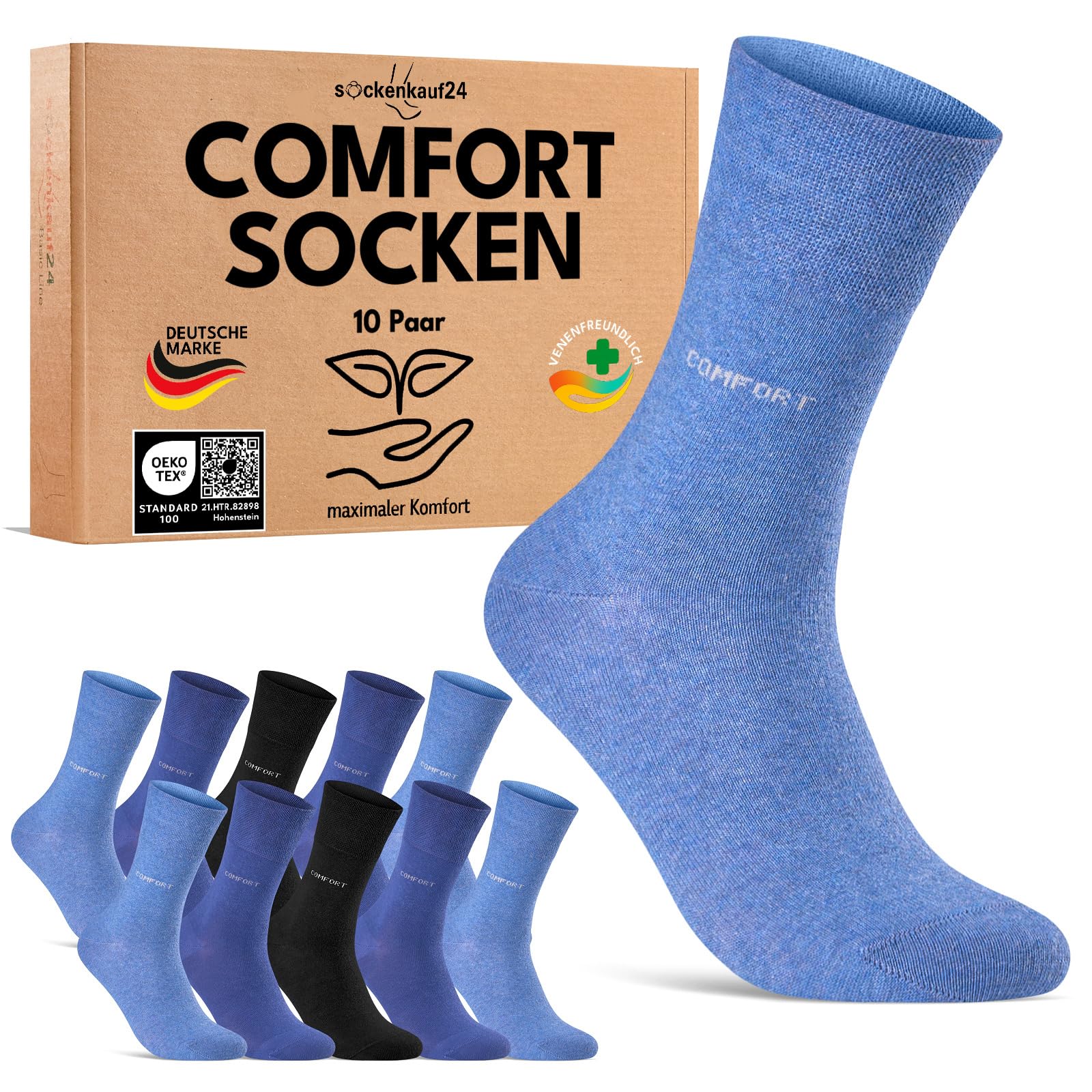 sockenkauf24 10 Paar Comfort Socken ohne Gummibund & ohne Naht für Damen & Herren Gesundheitssocken ohne Gummi mit Komfortbund