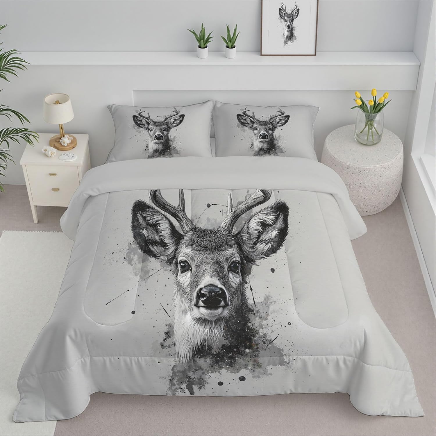 Grey 104" x 90" Duvet, Reversible Coverless Children Boys Girls 3 Duvet, King Washable Quilt 7.5 Tog for All Seasons, Elk an Animal Comforter with 2 Pillowcases