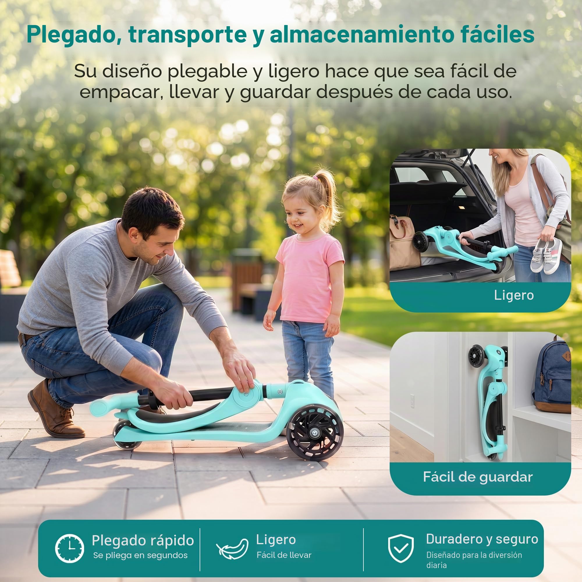 Serenelife Patinete 3 Ruedas para niños, Plegable, Luces LED en Las Ruedas, Manillar Ajustable, Freno Trasero de pie, Soporta hasta 49.9kgs