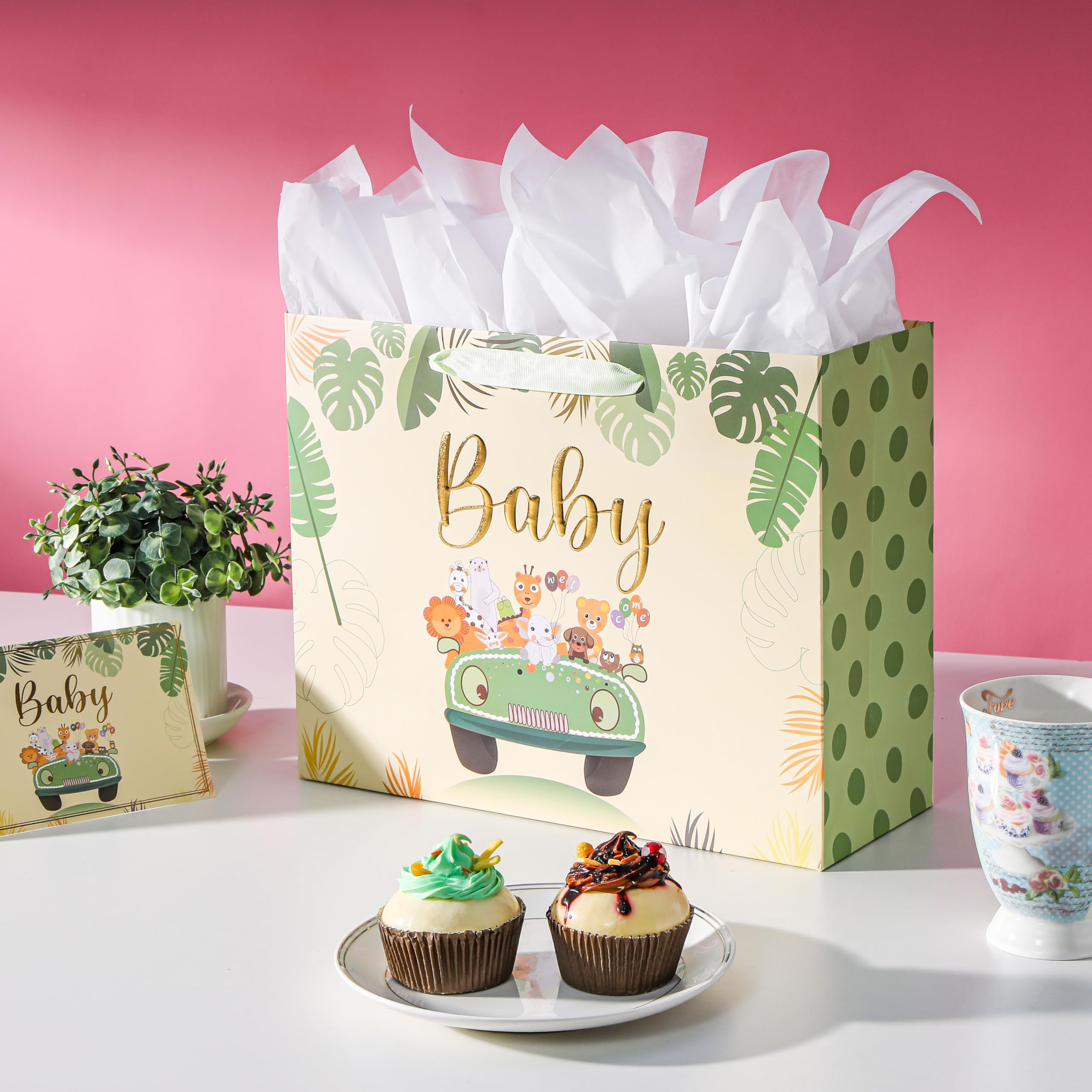 Bobobag 33 cm szałwiowy zielony woreczek na baby shower, torba na prezent dla noworodka z bibułką i kartką z życzeniami.