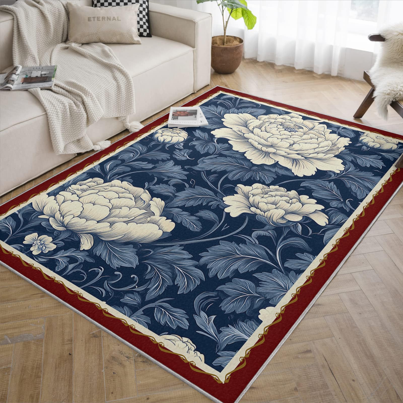 Carpette botanique bleu foncé en pivoines pour descente de lit