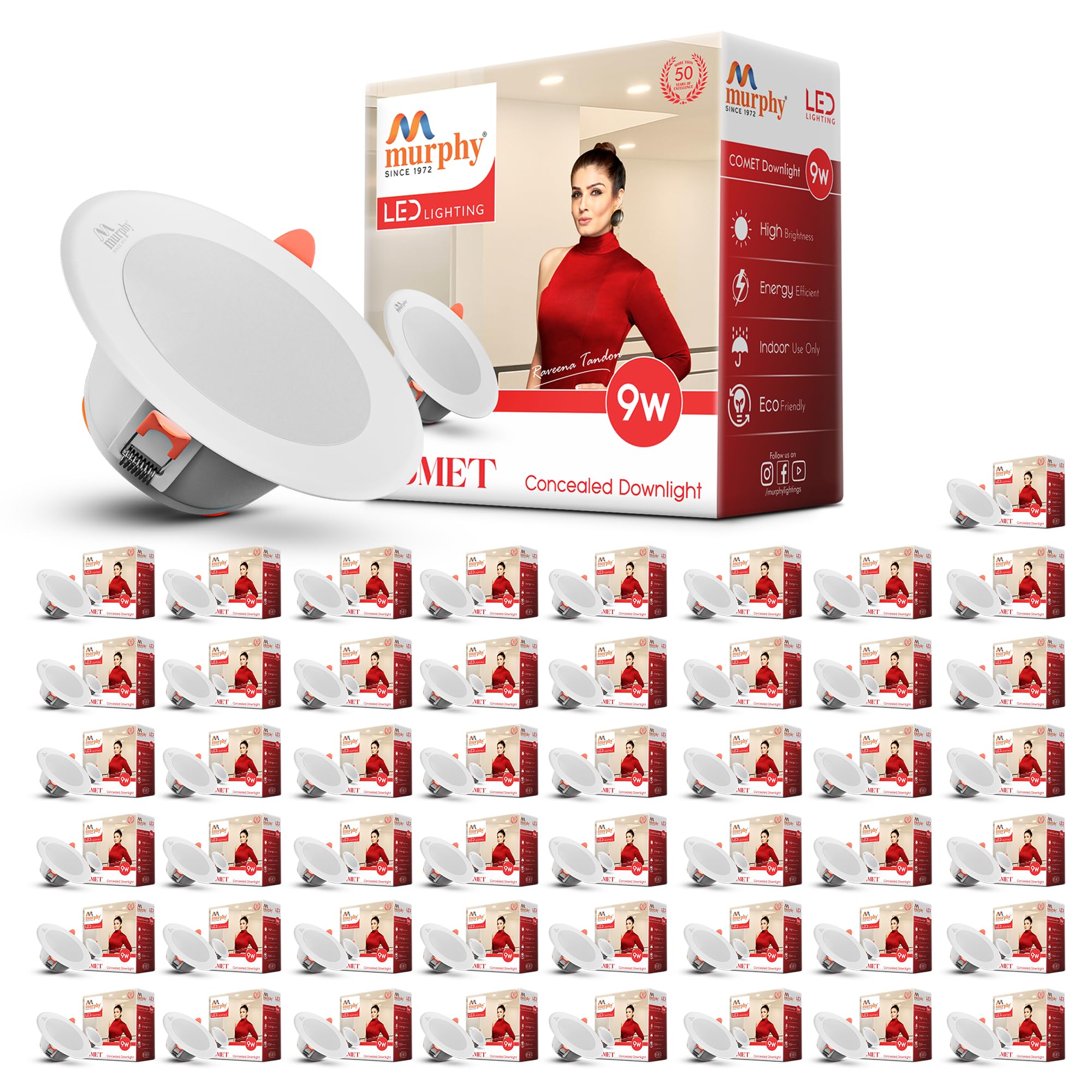 Murphy Polycarbonate 9W LED Down Light, Cool White Light, Round, Pack Of 50, Recessed Ceiling LED Light, Suited For 3 Inch Junction Box/Concealed Box (2 Years Warranty)