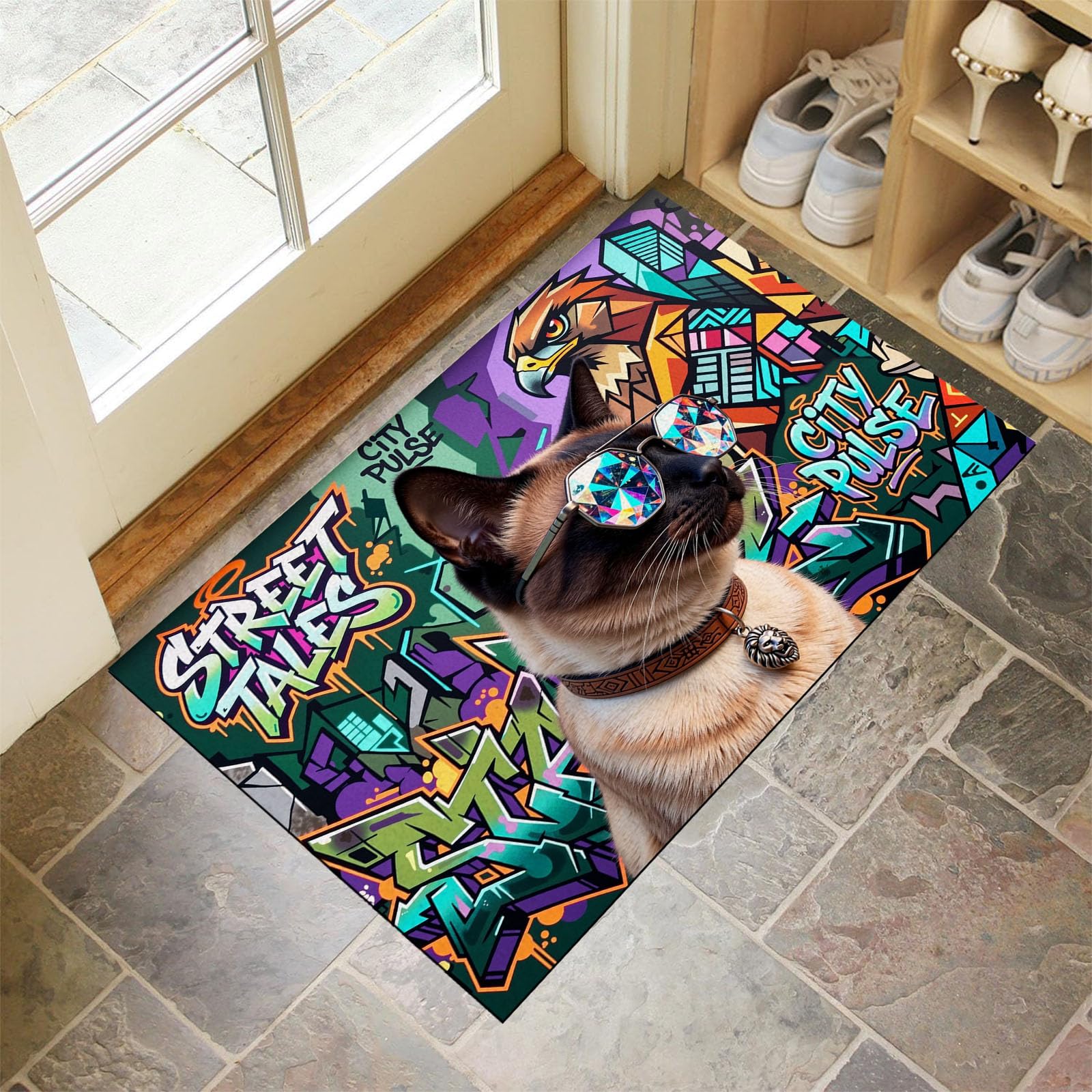 Felpudo Ultrafino Para Interiores, 80X120Cm, Animales Grafiti Callejero Alfombra Antideslizante Lavable Para Entrada, Gafas Sol Moda Gato Siamés Felpudo De Perfil Bajo, Atrapa Suciedad, Cian Oscuro